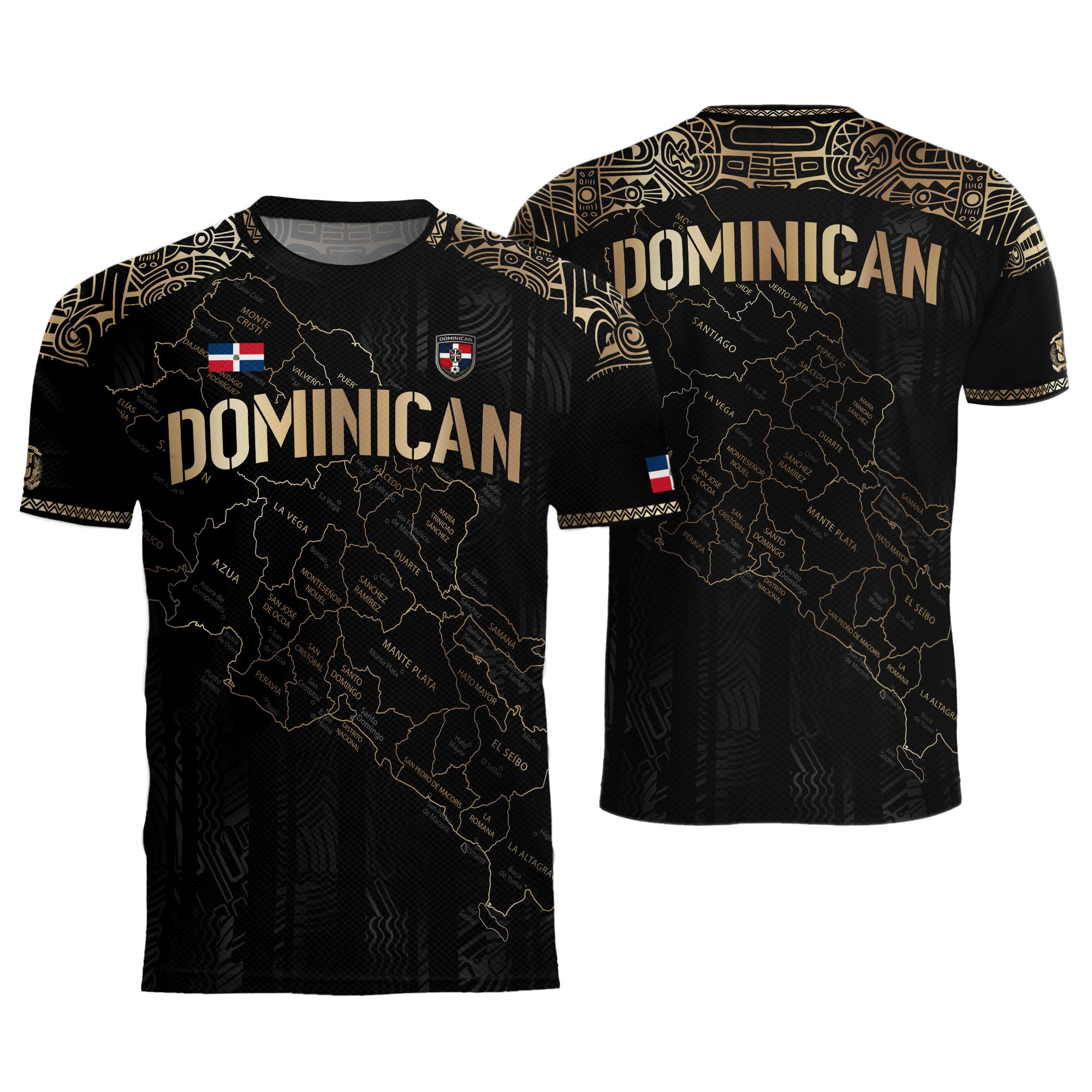 Dominican Heritage Soccer Jersey with Island Map Black Gold, Taino Inspired National Pride Shirt