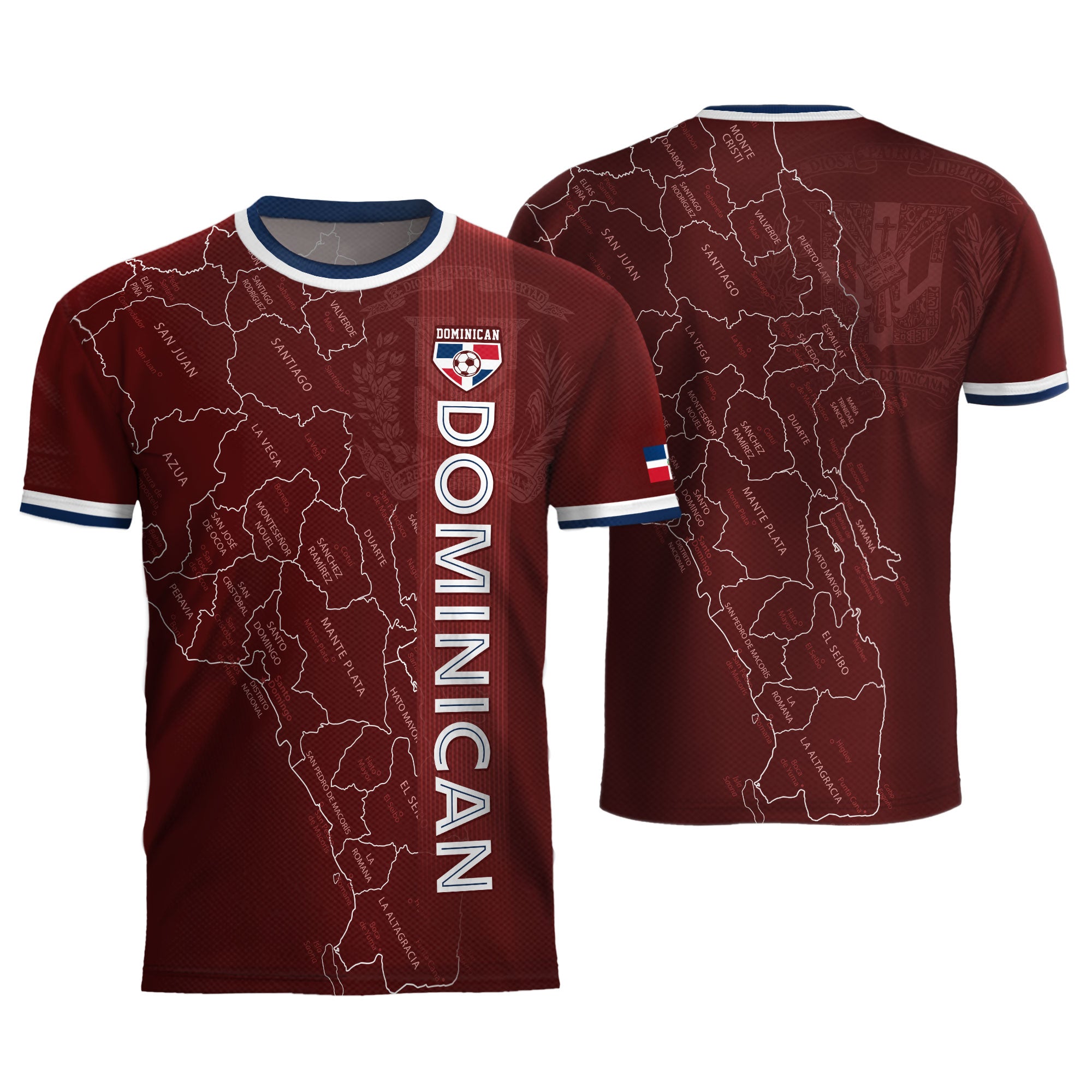 Dominican Republic Soccer Jersey Maroon White Blue, Taino Map Design Caribbean Cultural Shirt