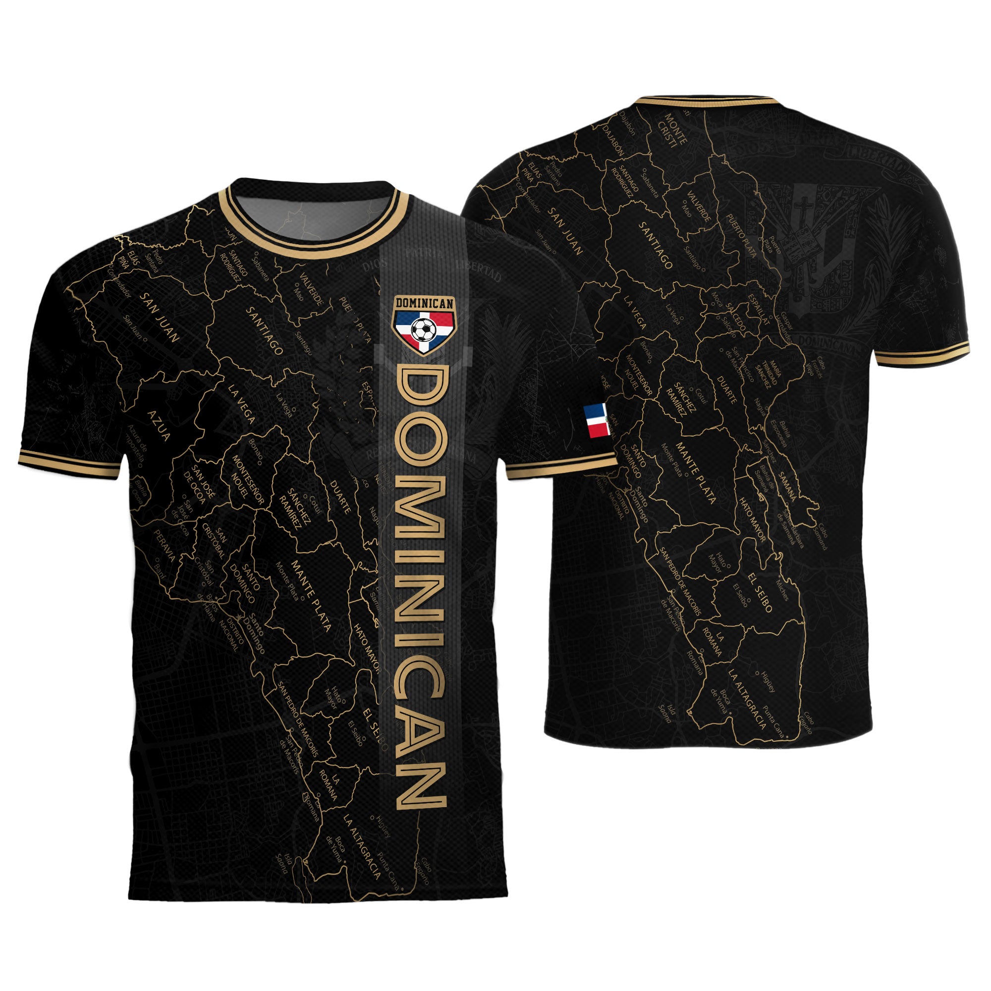Dominican National Pride Soccer Jersey Black Gold, Taino Heritage Map Design Shirt