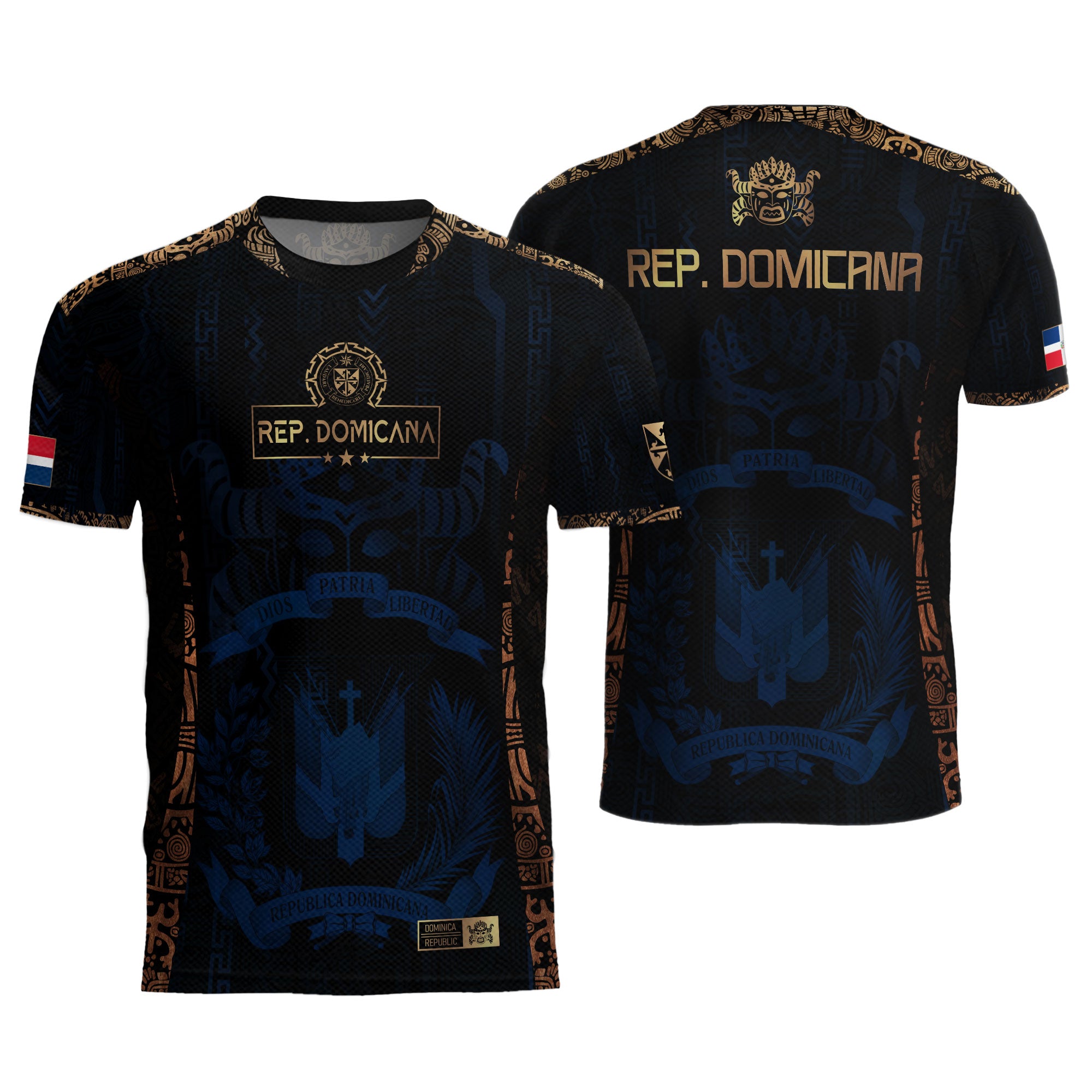 Dominican Republic Heritage Dark Navy Gold Athletic Carnival Mask Soccer Jersey