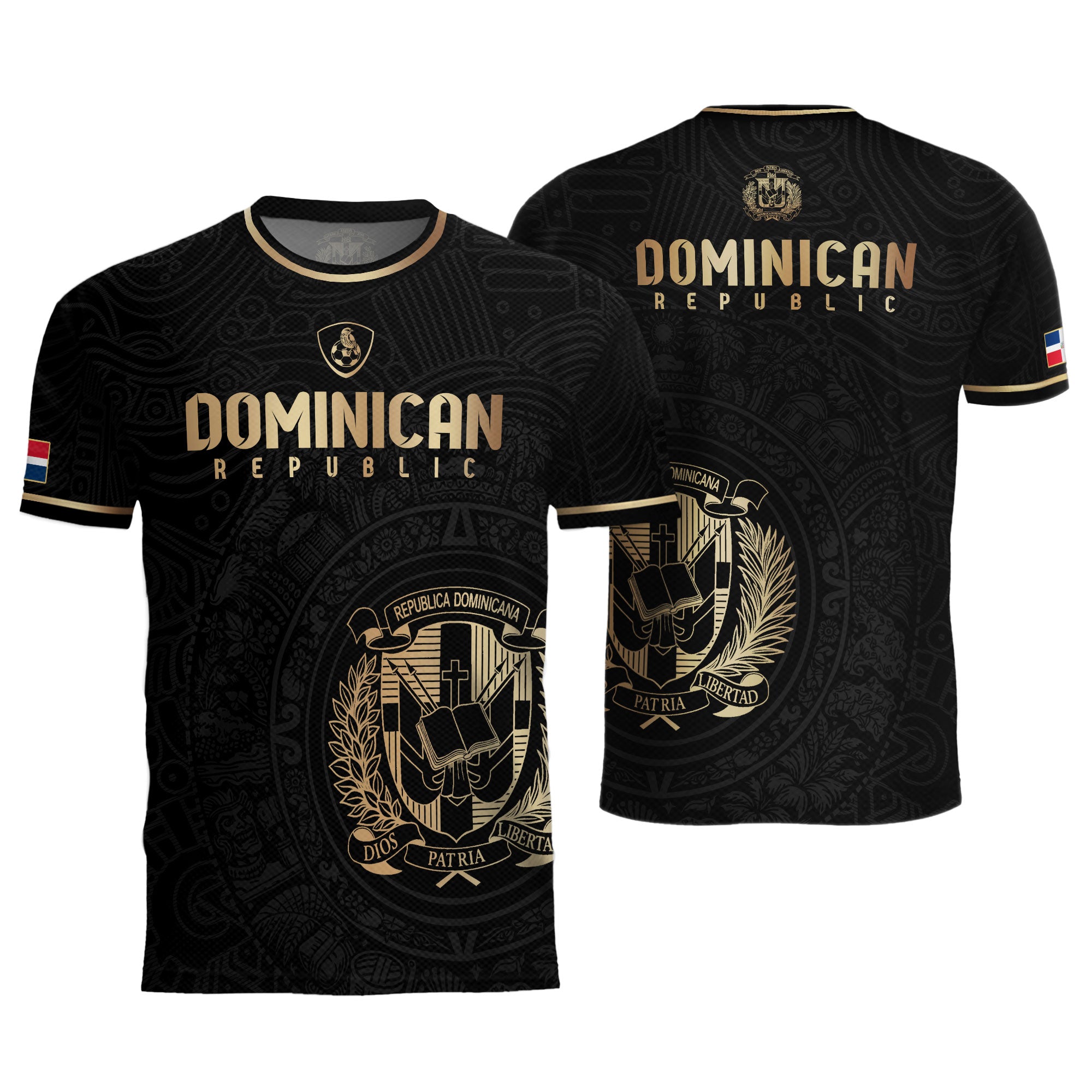 Dominican Republic Black Gold Flag Emblem Graphic National Heritage Soccer Jersey