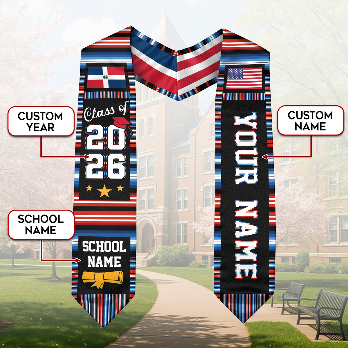 Custom Dominicans Graduation Stole Class of 2026 Dominican USA Flag Serape Stripe Sash