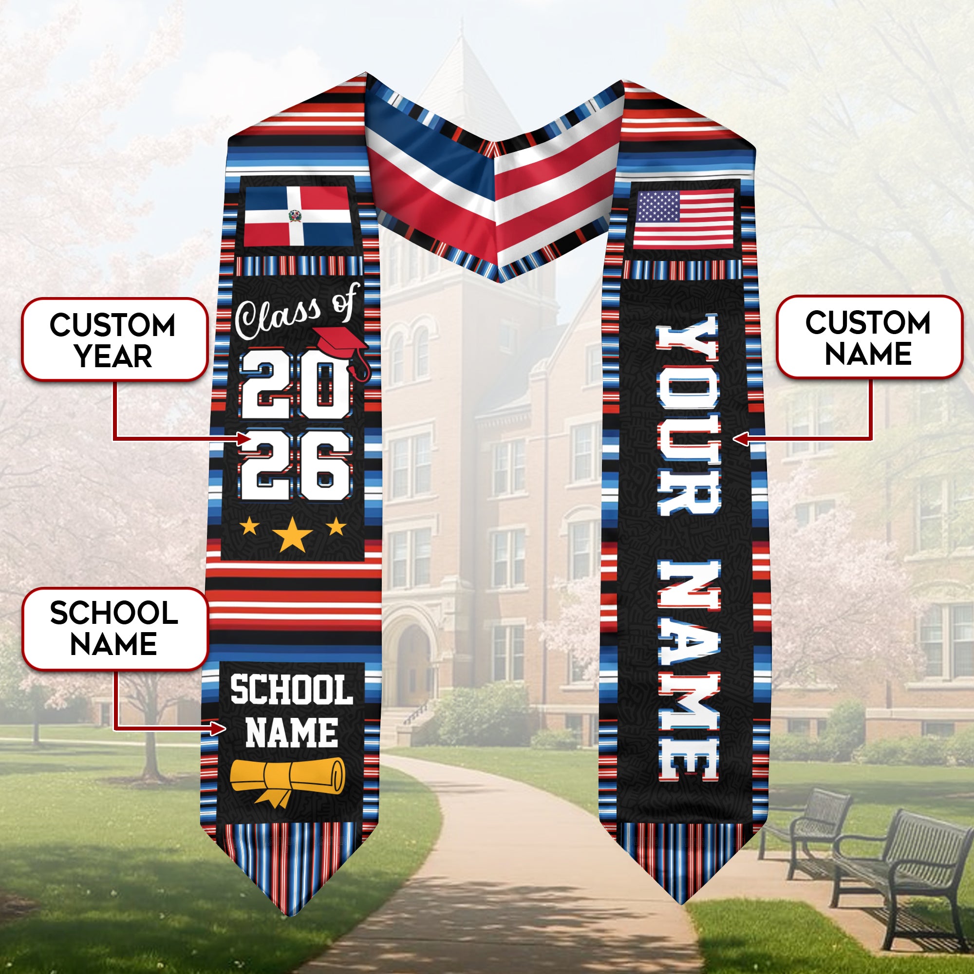 Custom Dominicans Graduation Stole Class of 2026 Dominican USA Flag Serape Stripe Sash