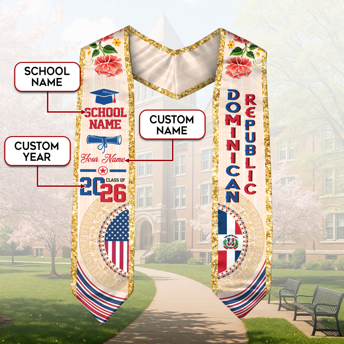 Dominican USA Flag Graduation Stole Class of 2026 Custom Dominicans Sash Floral Aztec