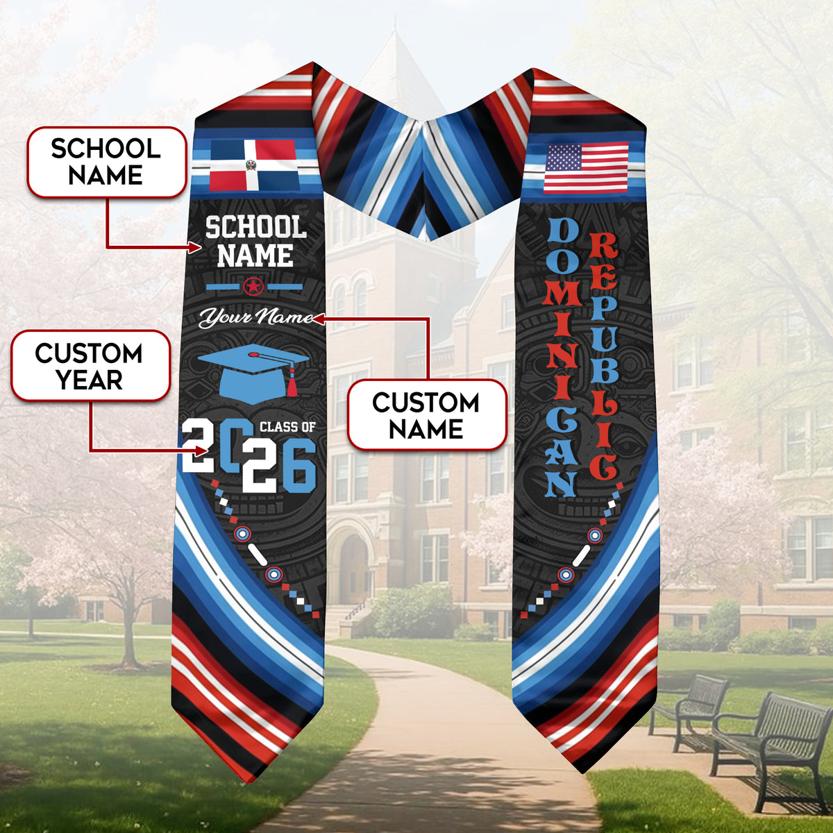 Class of 2026 Dominicans Graduation Stole Custom Dominican USA Flag Tribal Pattern