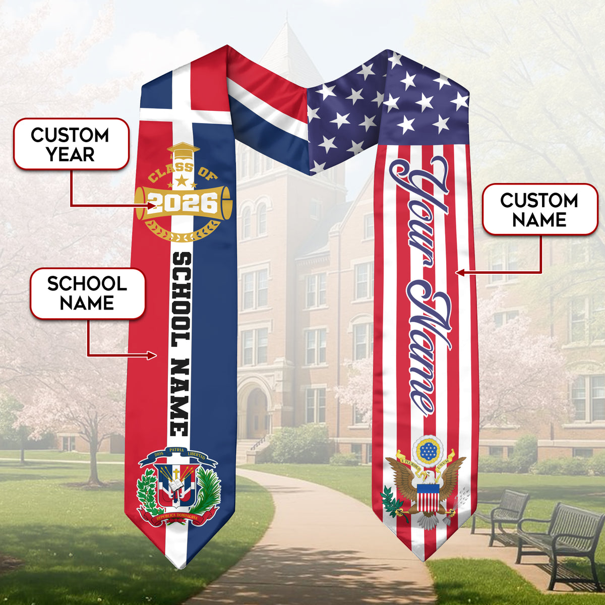 Dominican American Flag Graduation Stole Class of 2026 Custom Dominicans Eagle Seal