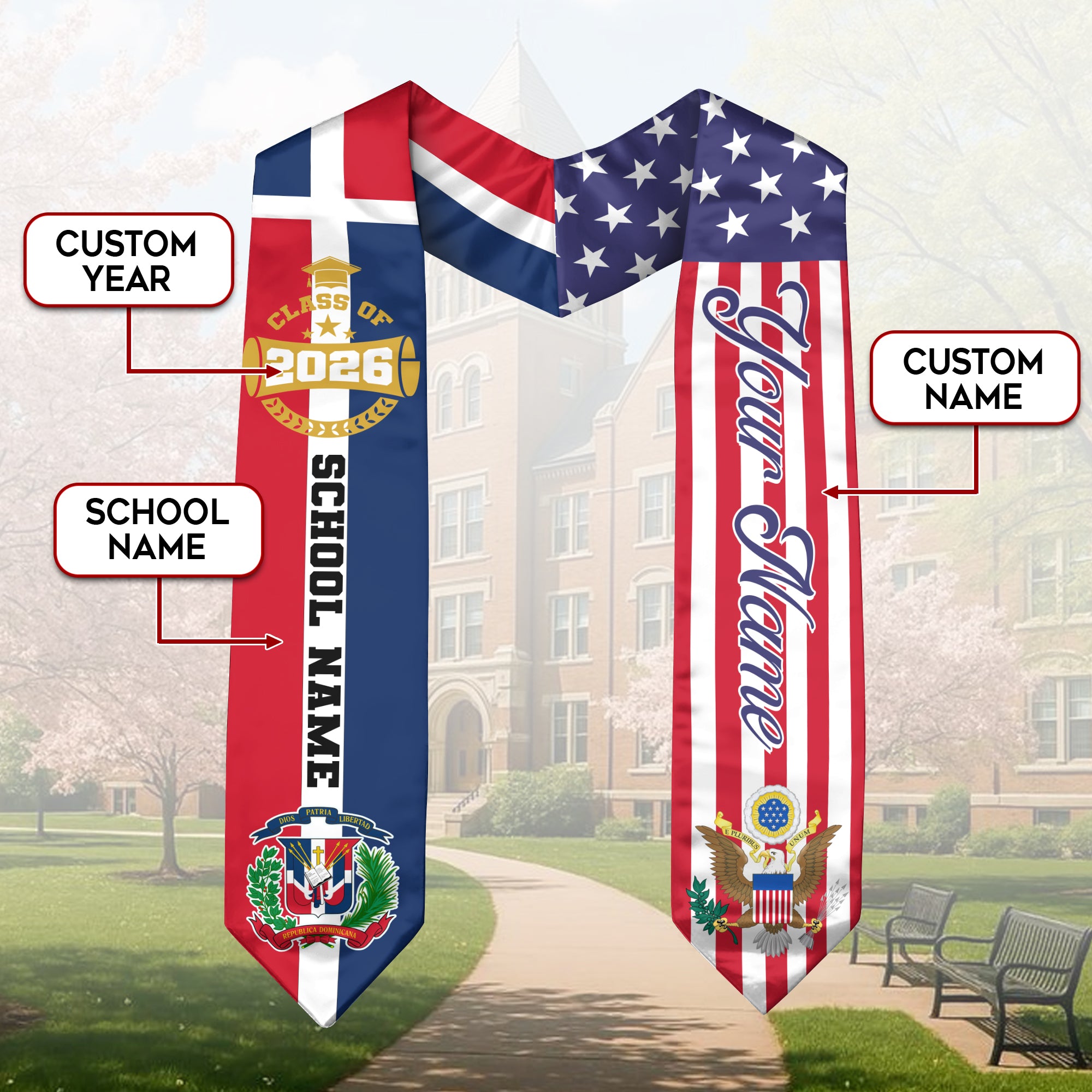 Dominican American Flag Graduation Stole Class of 2026 Custom Dominicans Eagle Seal