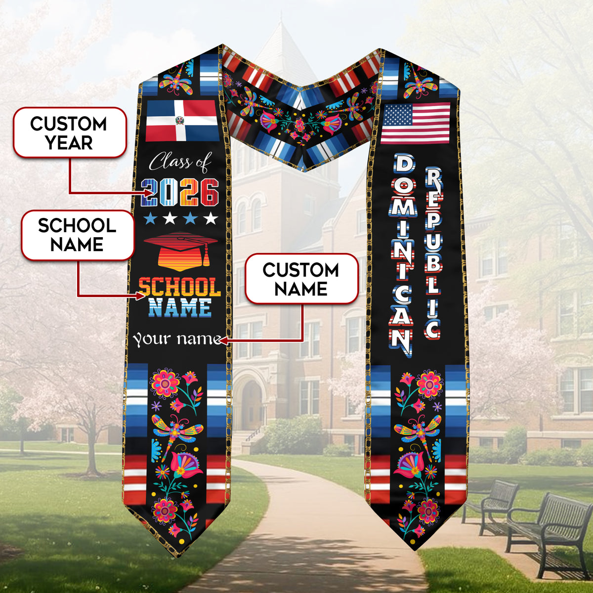 Personalized Dominicans Graduation Sash Class of 2026 Dominican USA Flag Butterfly Floral