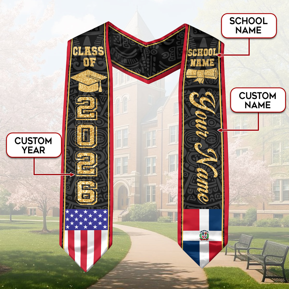 Dominican USA Flag Graduation Stole Class of 2026 Custom Dominicans Aztec Pattern