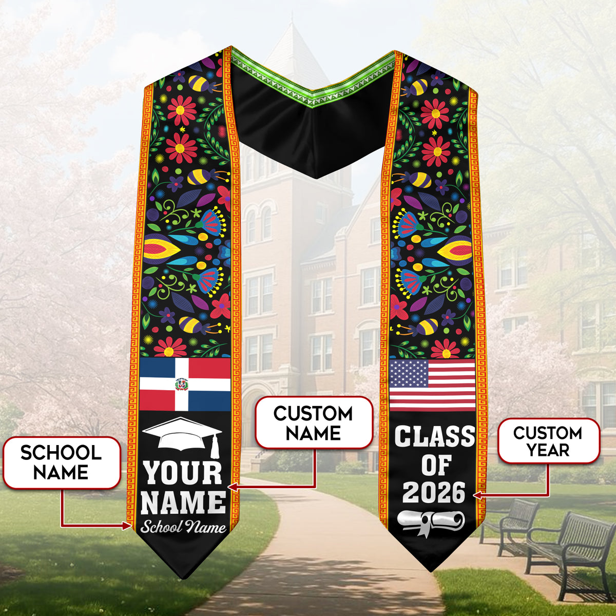 Custom Dominican Graduation Floral Stole Dominicana Grad Sash, Class of 2026 Graduate Senior Gift