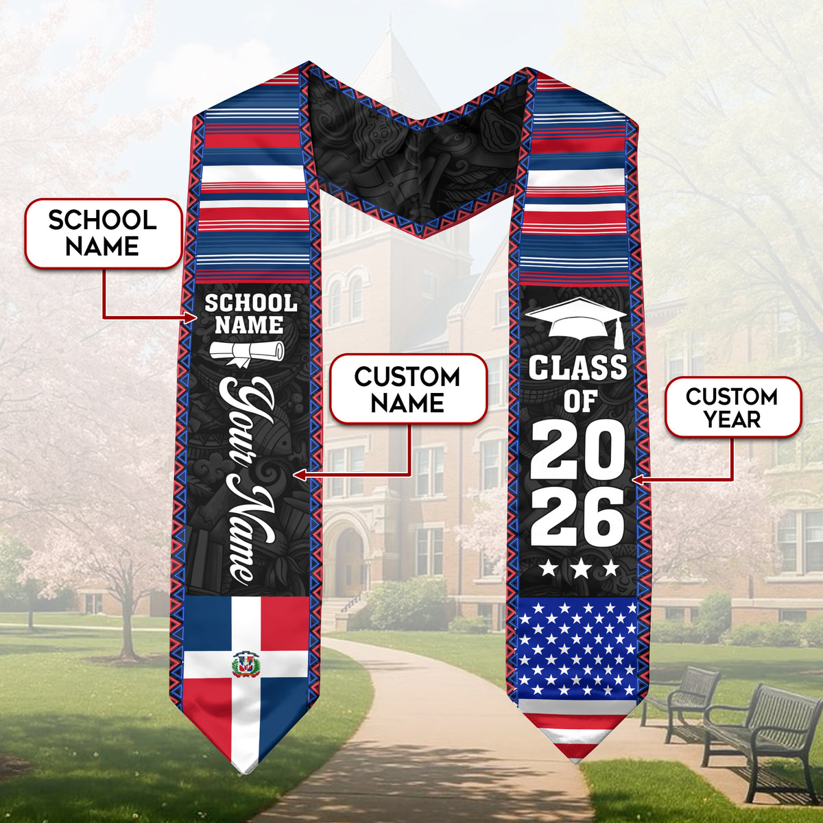 Custom Dominican Graduation Sash Dominicana Stole for Graduate, Class of 2026 Grad Celebration