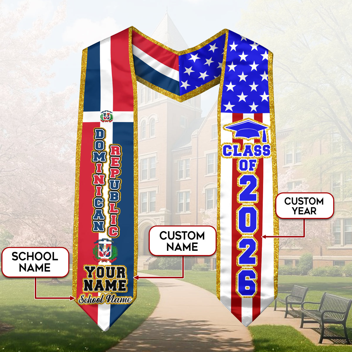 Personalized Dominican Graduation Stole Dominicana Sash for Grad, Class of 2026 Graduation