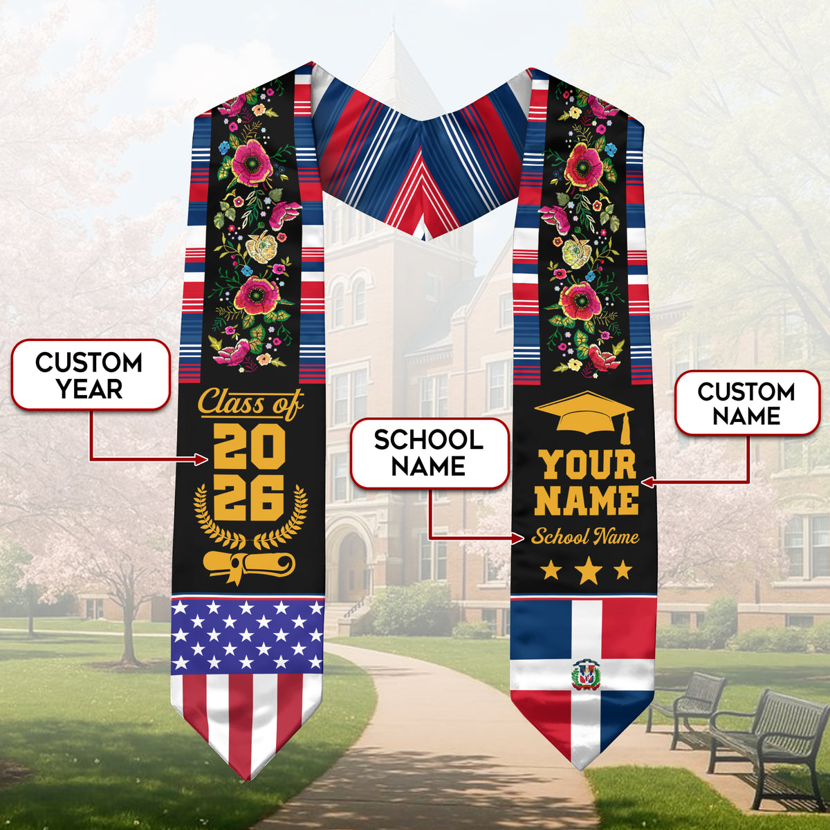 Dominicans Class of 2026 Graduation Stole Custom Dominican USA Flag Floral Embroidery