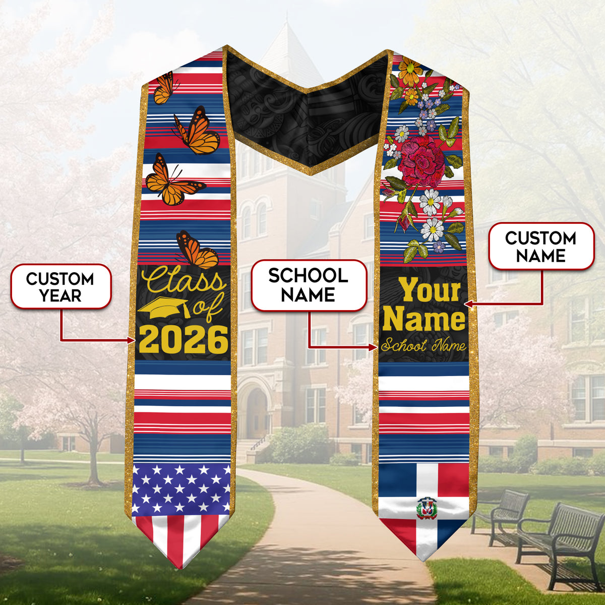 Dominicans Stole Class of 2026 Custom Graduation Sash Dominican USA Flag Butterfly