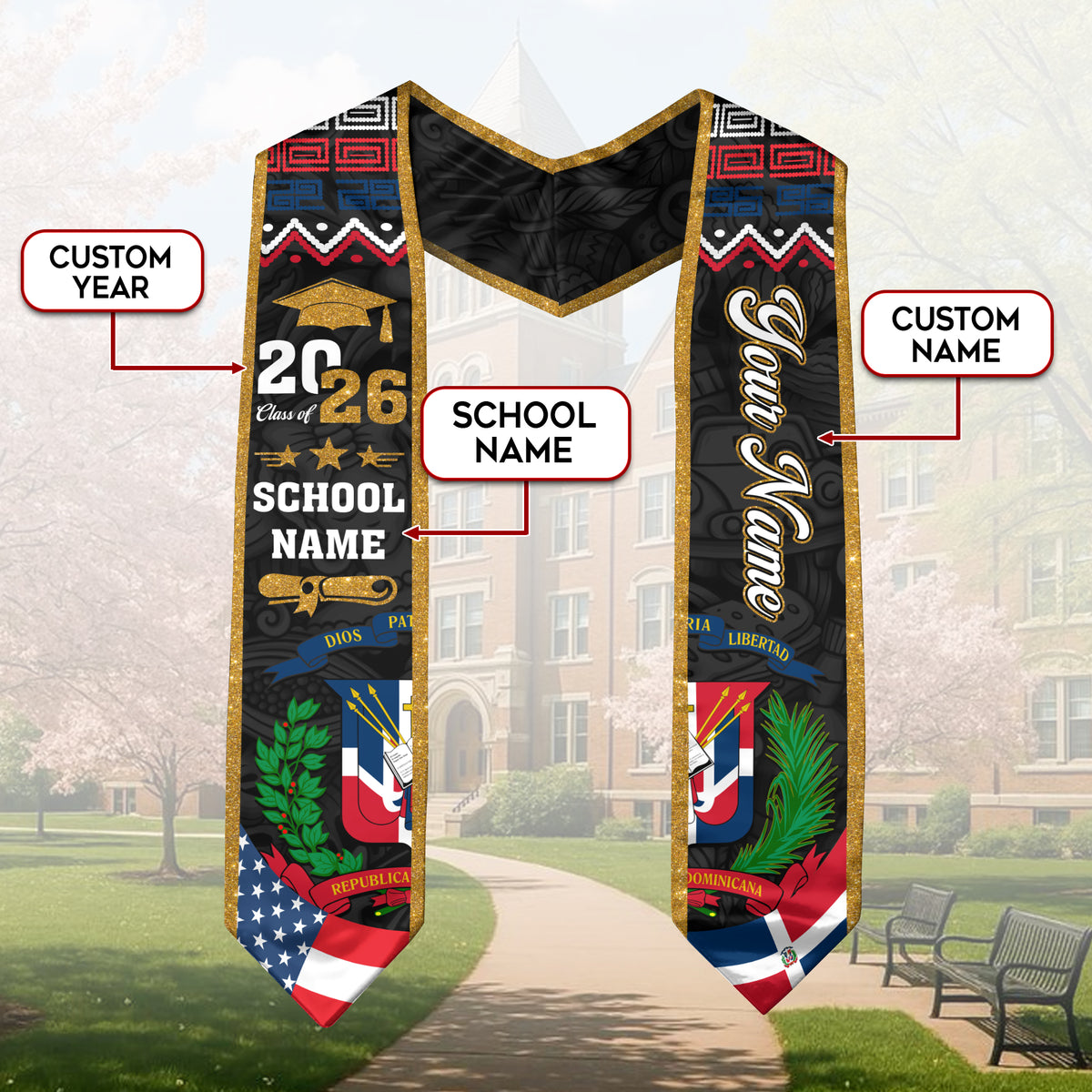 Custom Dominicans Graduation Stole Class of 2026 Dominican USA Flag Tribal Pattern