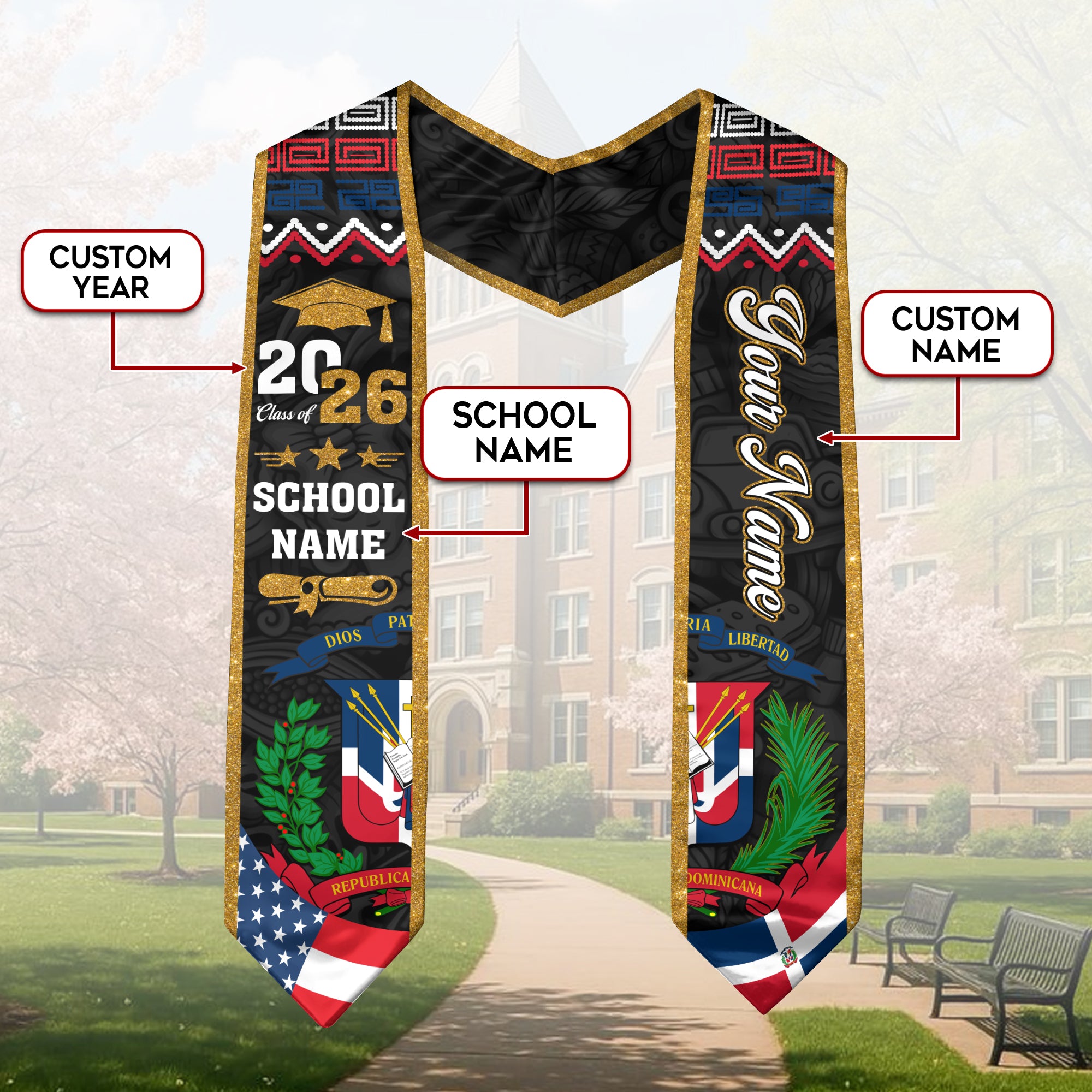 Custom Dominicans Graduation Stole Class of 2026 Dominican USA Flag Tribal Pattern