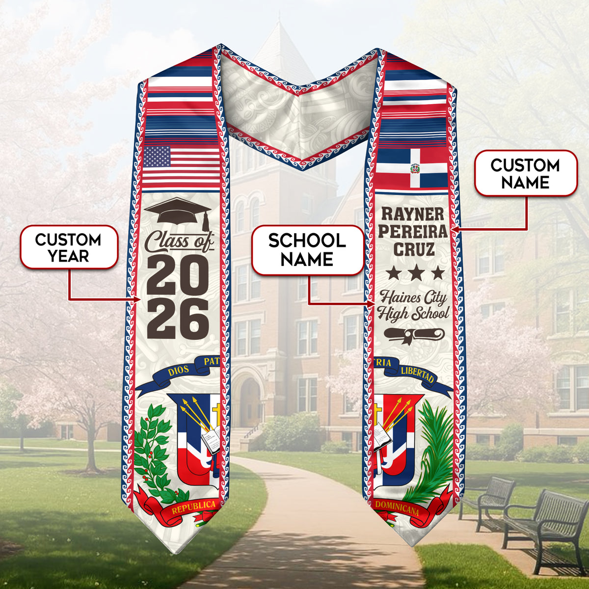 Dominicans Graduation Stole Class of 2026 Custom Sash USA Dominican Flag Coat of Arms