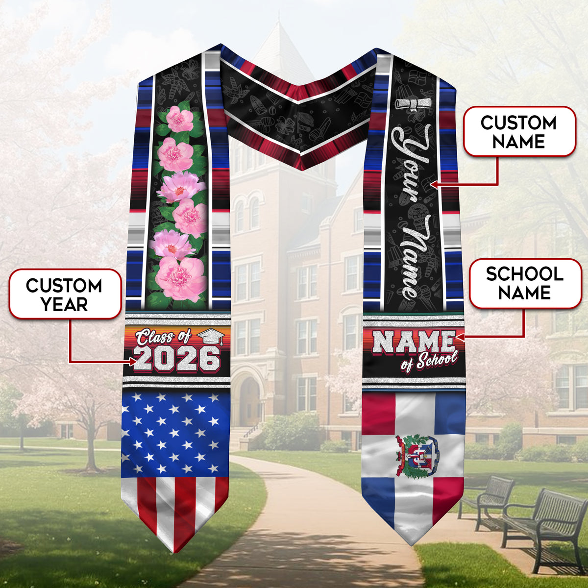 Custom Dominicans Graduation Stole Class of 2026 Dominican American Flag Personalized Sash