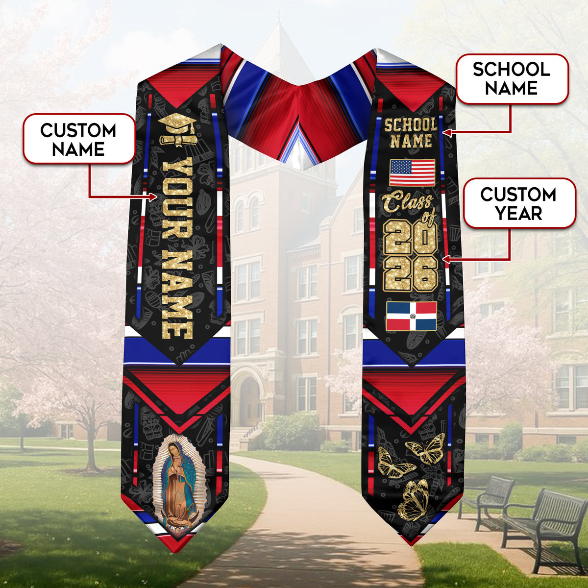 Dominican USA Flag Graduation Stole Class of 2026 Custom Dominicans Sash Virgin Mary Butterfly