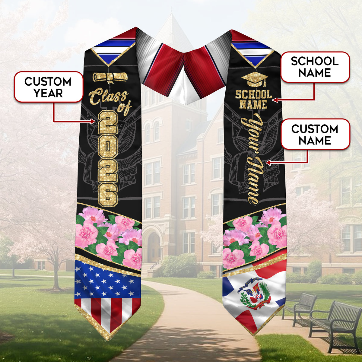 Class of 2026 Dominicans Graduation Stole Custom Dominican USA Flag Peony Floral Design