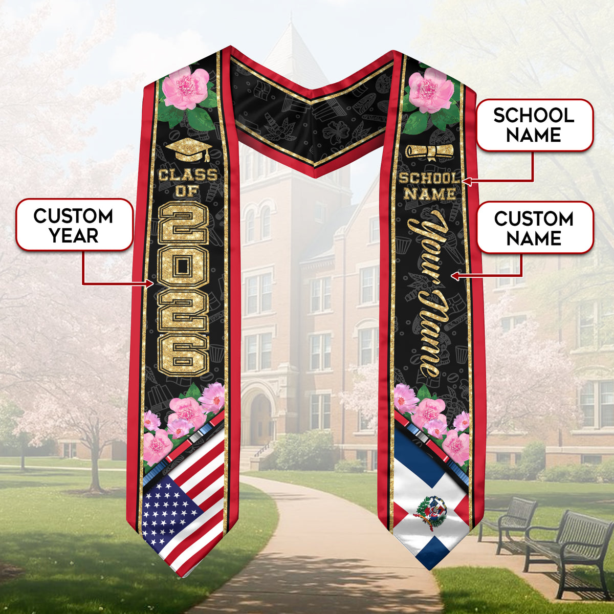 Personalized Dominicans Graduation Sash Class of 2026 Dominican USA Flag Peony Flower