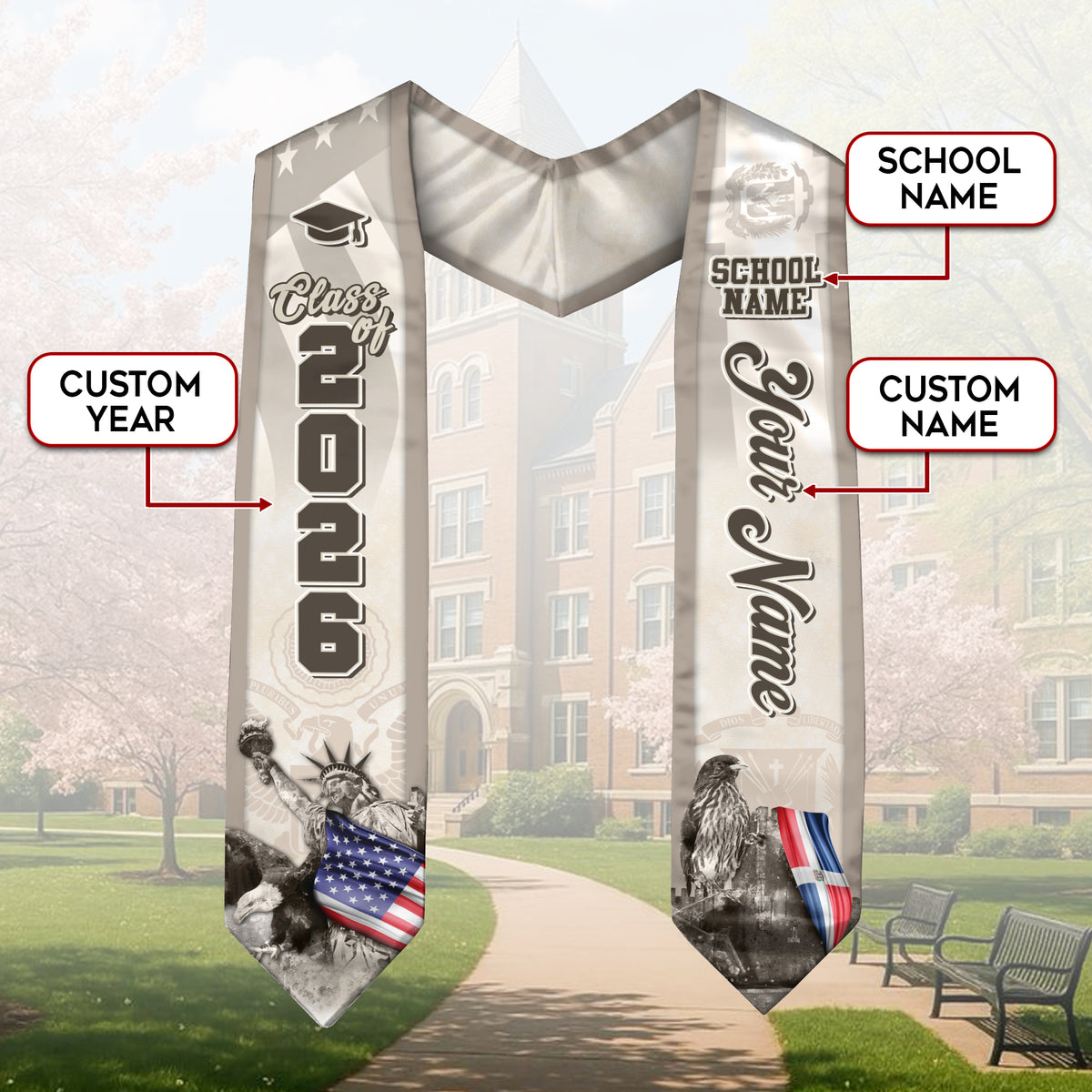 Dominicans Class of 2026 Graduation Stole Custom Dominican USA Flag Eagle Statue Design