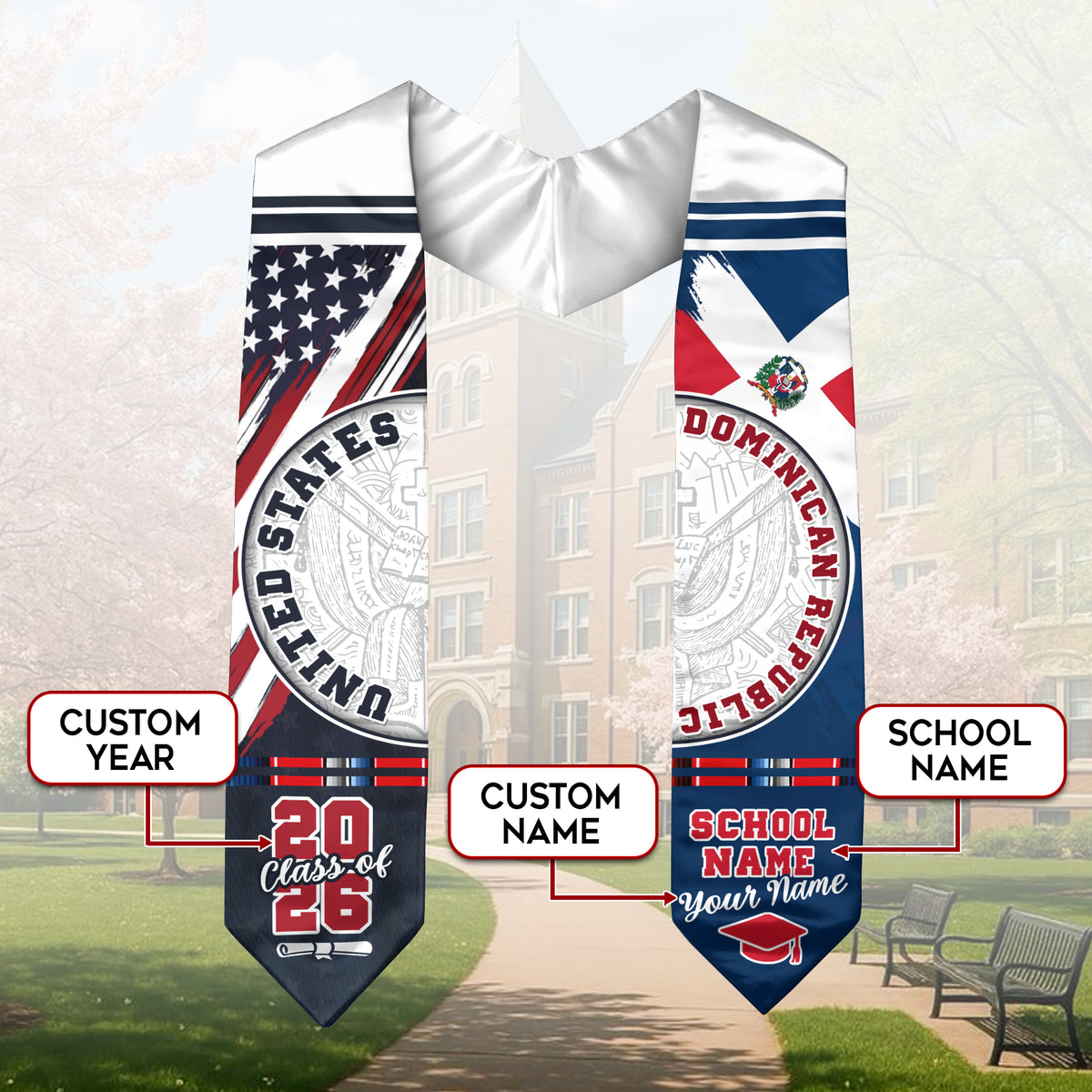 Dominican Republic Graduation Stole Class of 2026 Custom Dominicans Sash USA Flag Seal Pattern