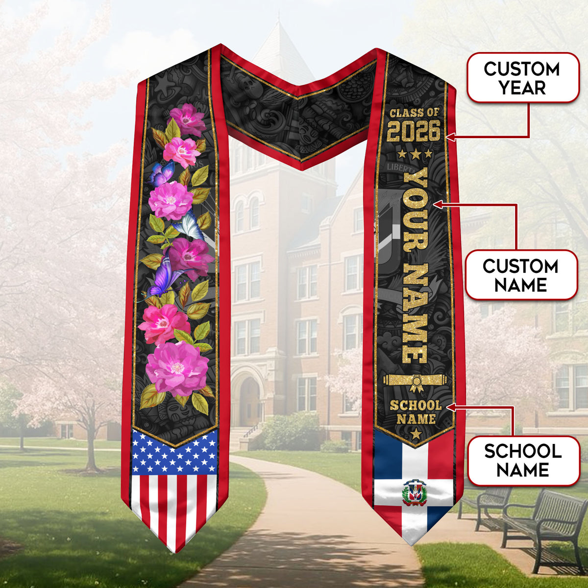 Custom Dominicana Graduation Sash, DR Floral Grad Stole Gift, Class of 2026 Senior Graduate