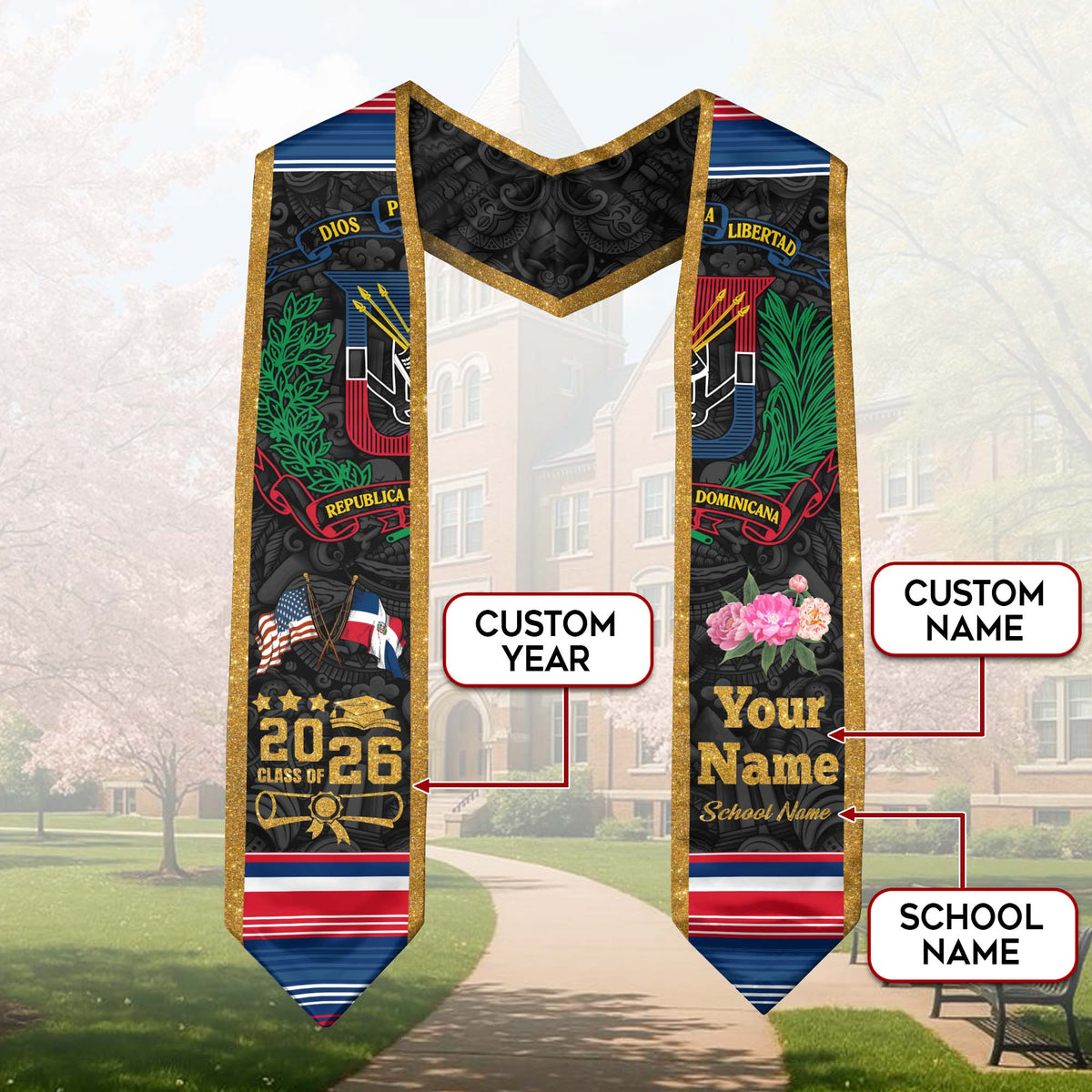 Custom Dominican American Graduation Stole, DR Floral Grad Sash, Class of 2026 Graduate Gift