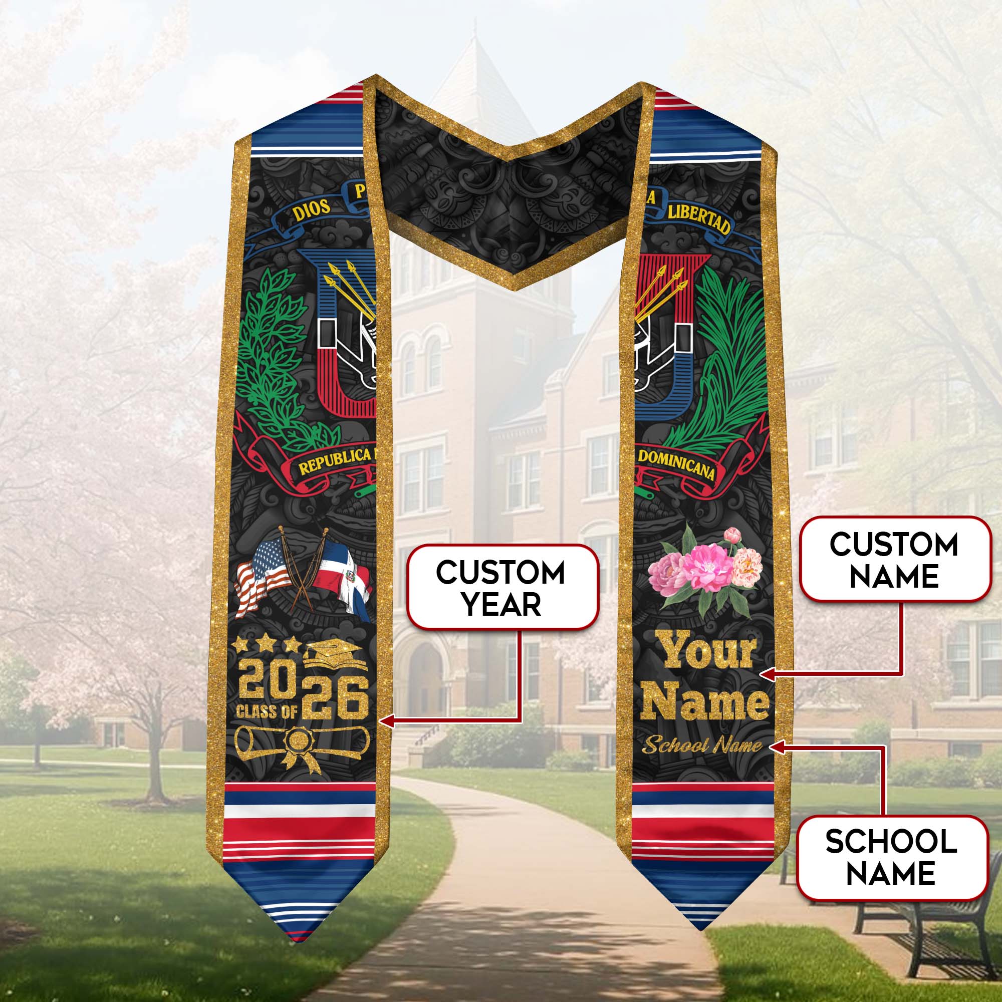 Custom Dominican American Graduation Stole, DR Floral Grad Sash, Class of 2026 Graduate Gift