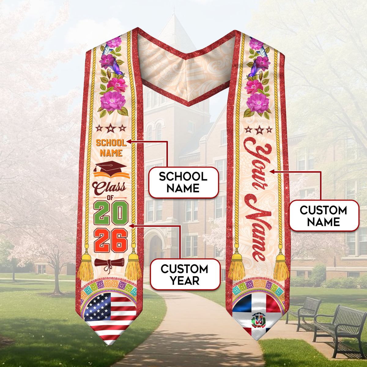 Personalized Dominicana Floral Stole, DR Grad Sash Graduation Gift, Class of 2026 Senior
