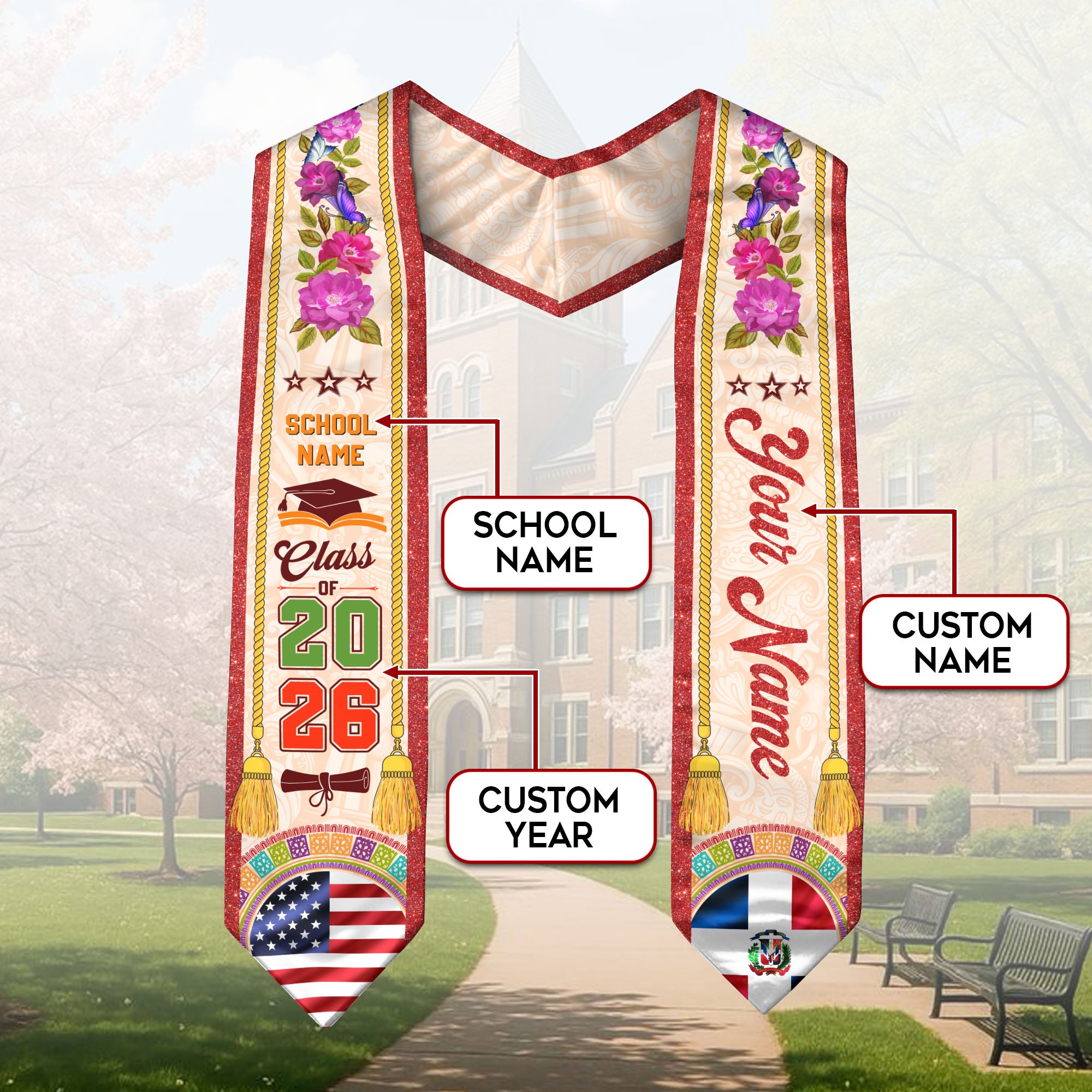 Personalized Dominicana Floral Stole, DR Grad Sash Graduation Gift, Class of 2026 Senior