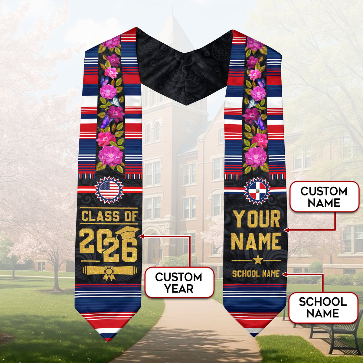 Dominican Flag Graduation Sash, Custom Floral Grad Stole , Class of 2026 Dominican Graduate
