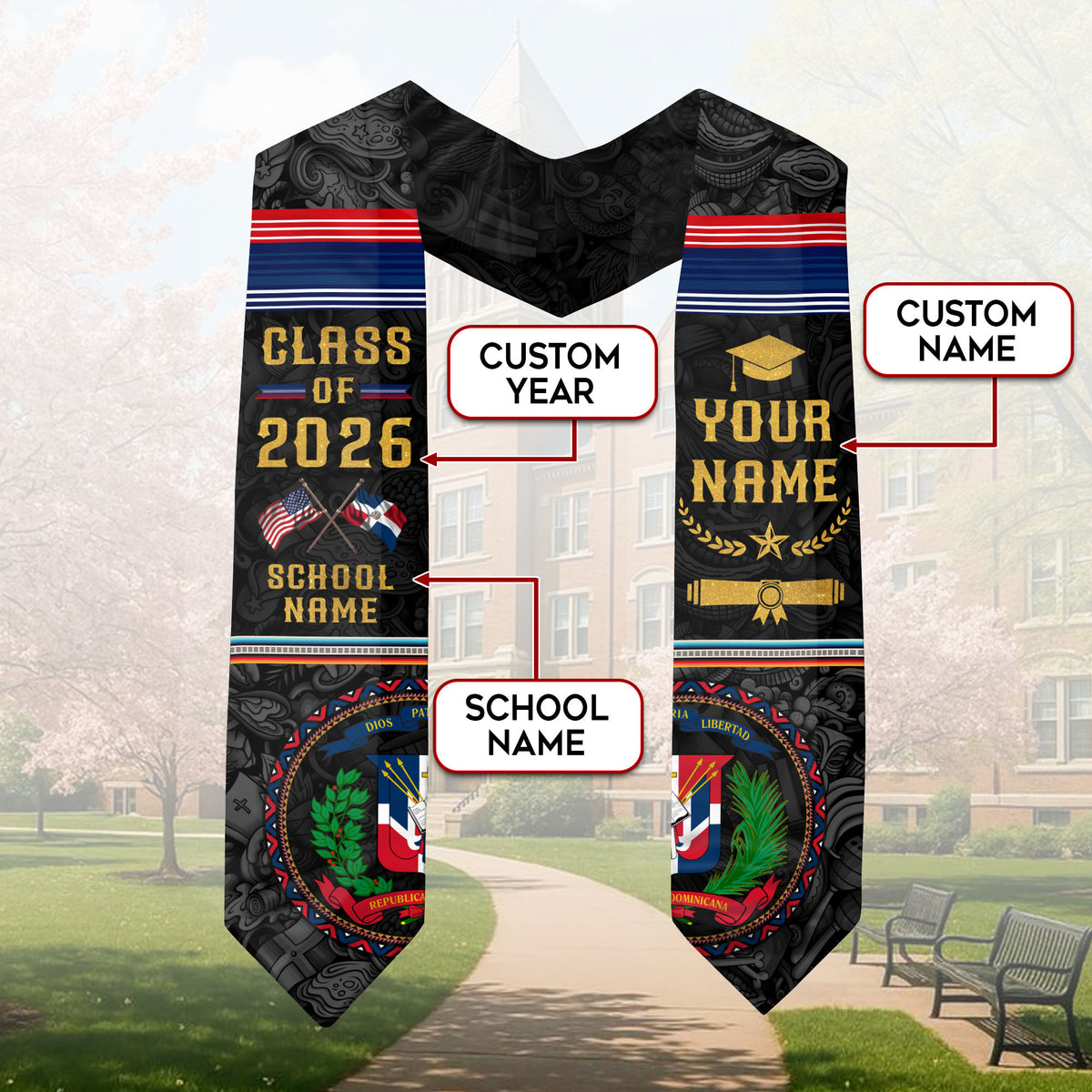 Custom Dominican Flag Stole, DR Graduation Sash, Class of 2026 Senior Grad Gift