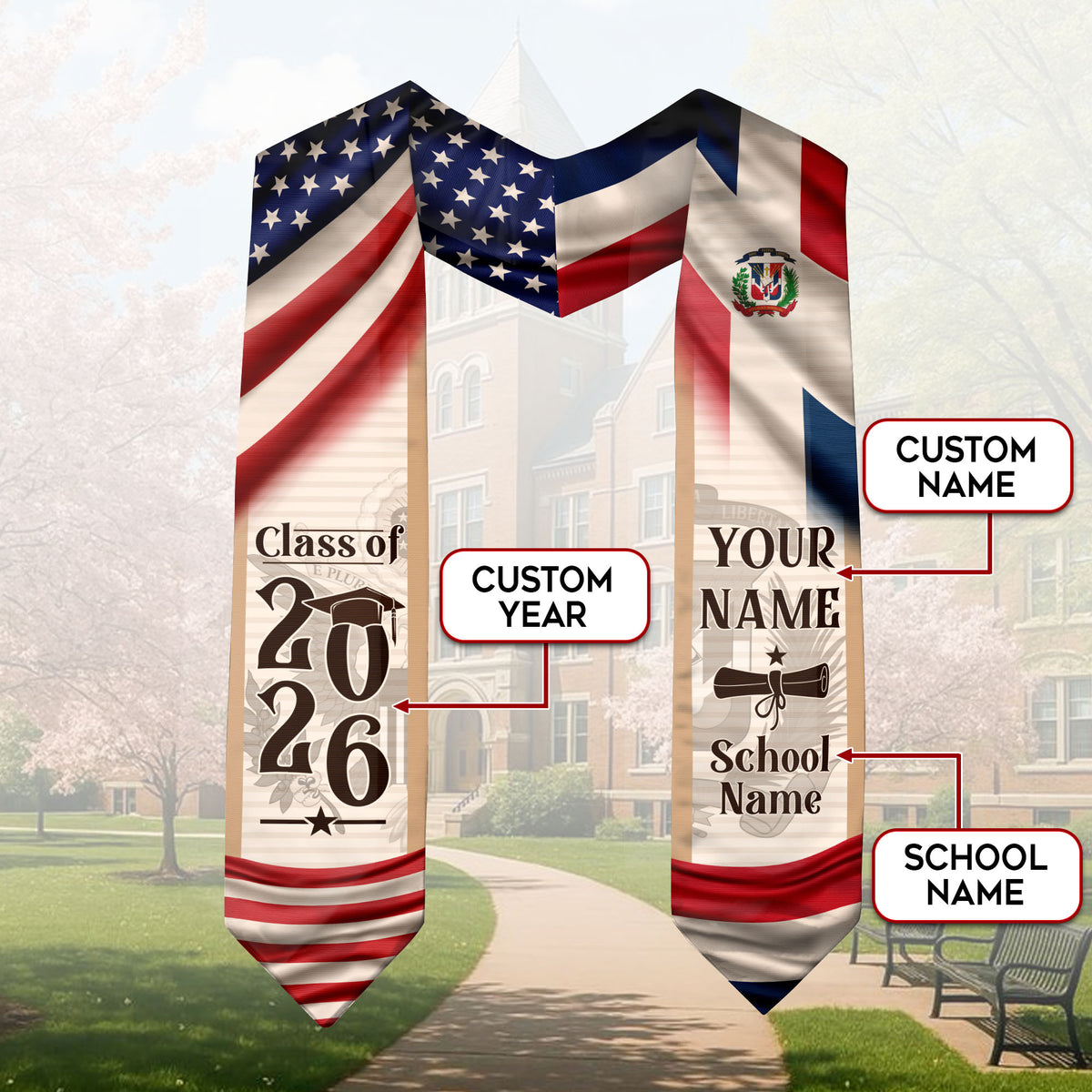 Dominican American Flag Graduation Stole, Custom DR Grad Sash Gift, Class of 2026 Dominican Graduate