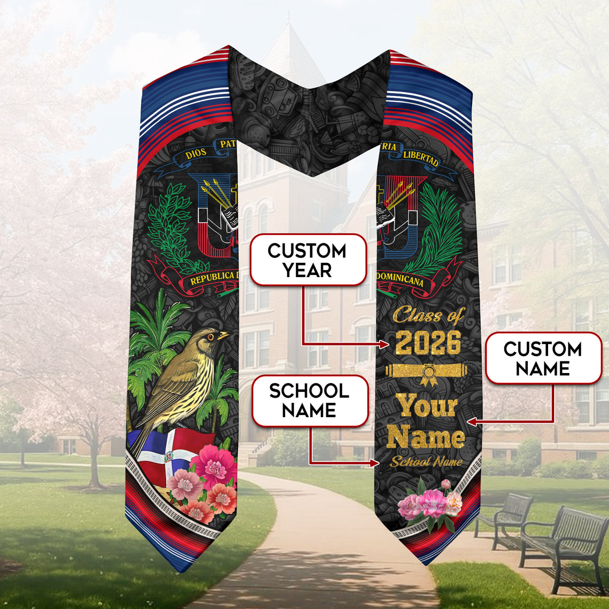 Custom Dominican Graduation Grad Sash Floral Stole, Class of 2026 Dominican Graduate