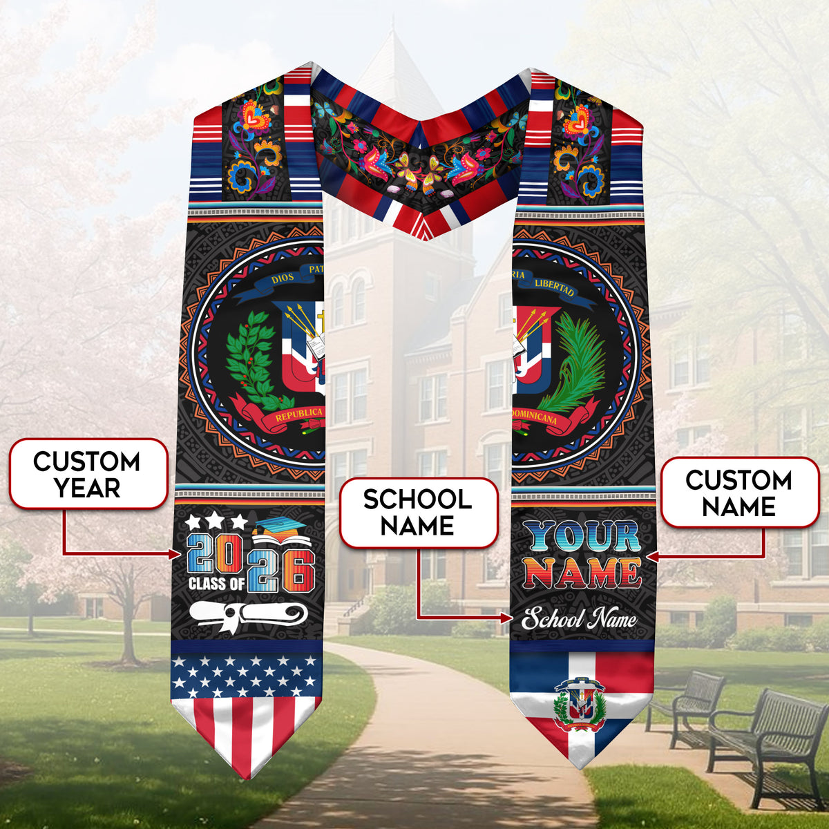 Custom Dominican American Flag Grad Sash, Dominicana Graduation Stole, Class of 2026 Graduate