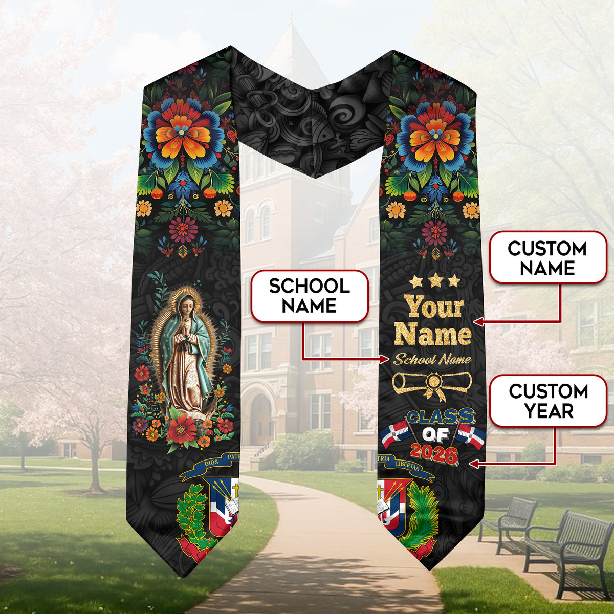 Dominican Grad Sash, DR Floral Stole Graduation Gift, Class of 2026 Senior Graduate
