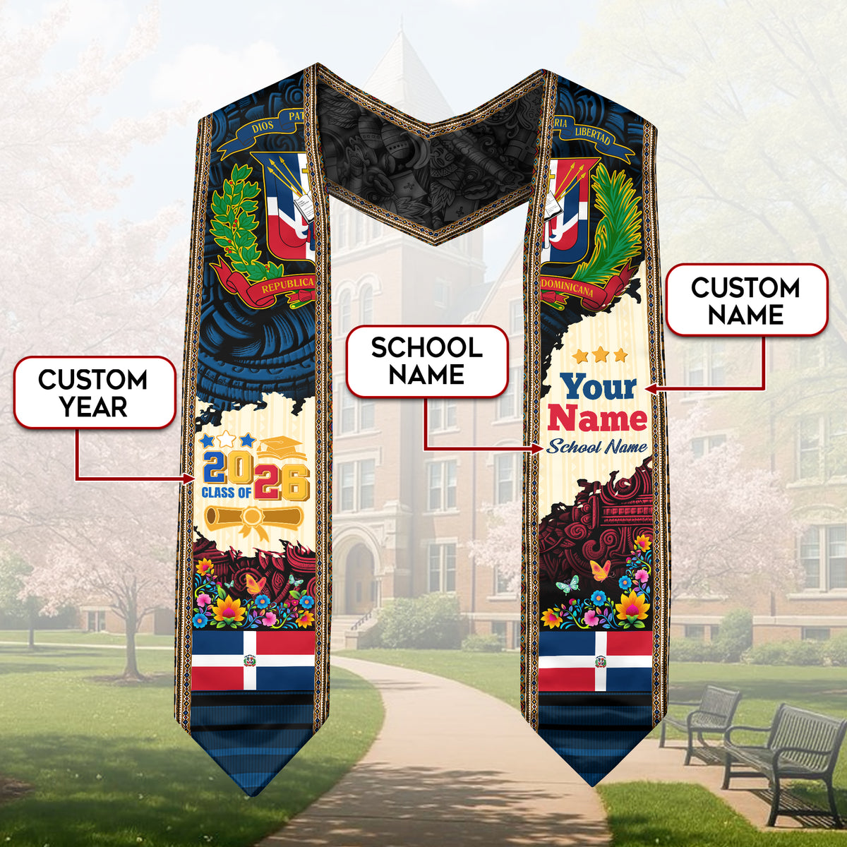 Custom Dominican Floral Stole, DR Grad Sash Graduation, Class of 2026 Dominican Graduate