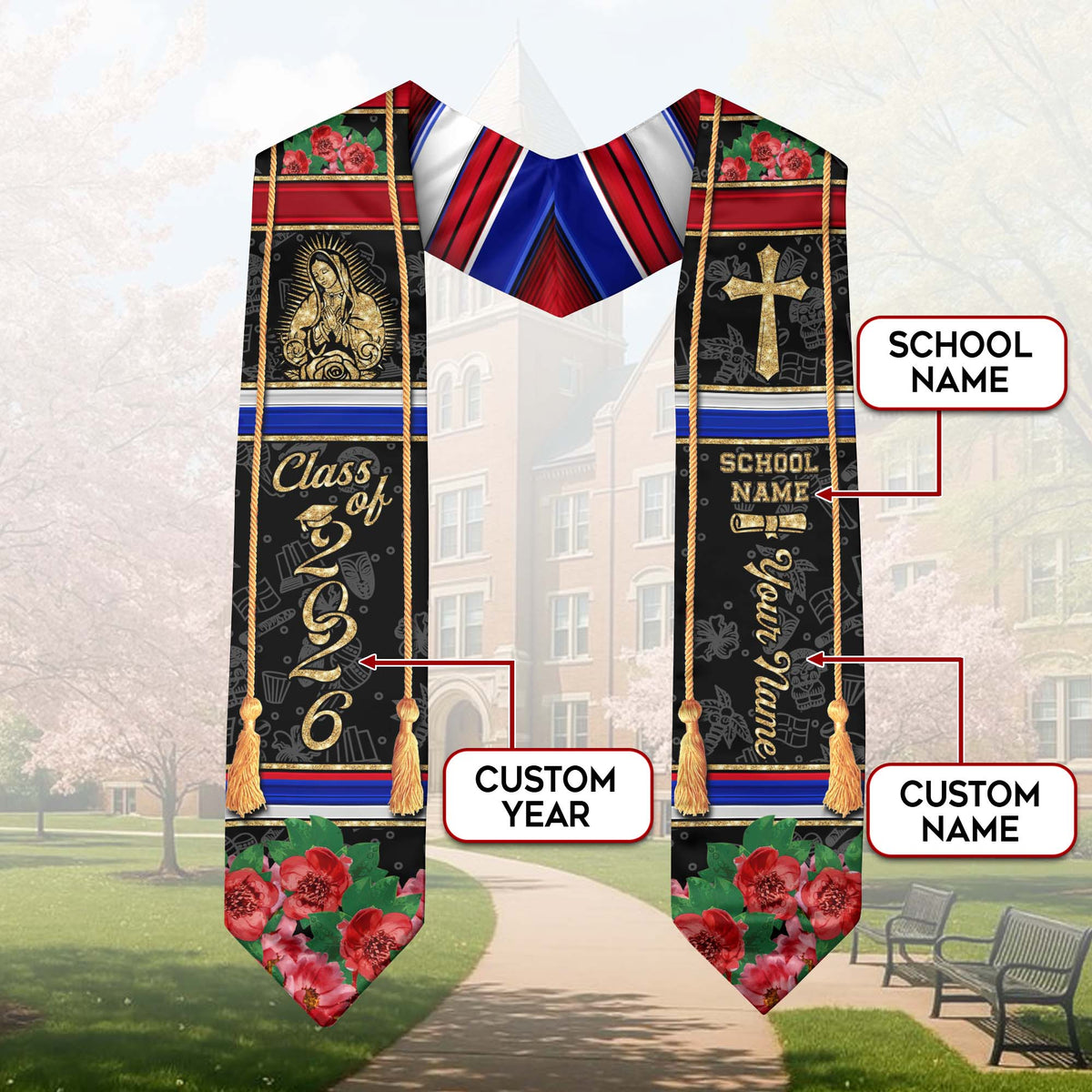 Personalized Dominicana Floral Stole Grad Sash Graduation Gift, Class of 2026 Dominican Graduate