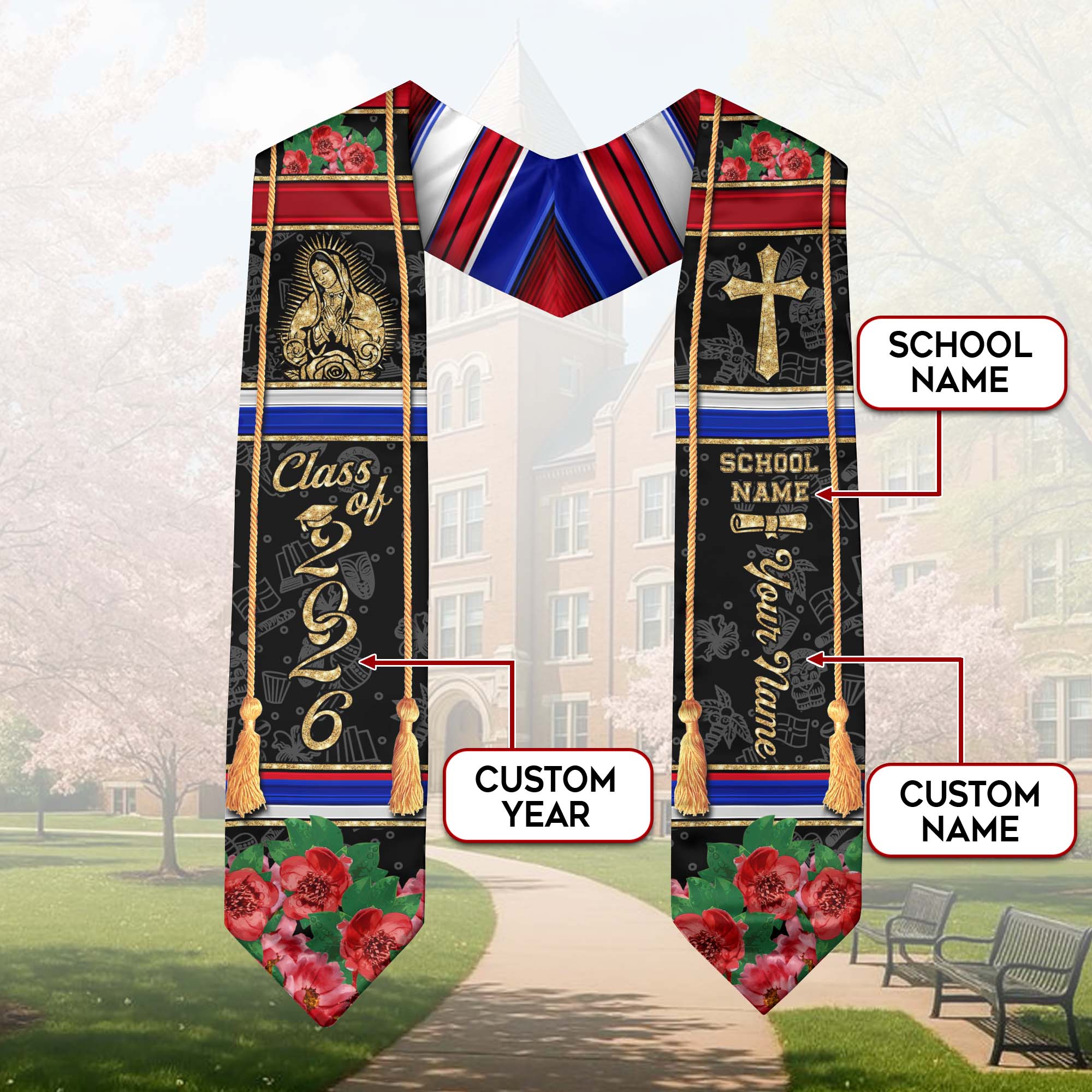 Personalized Dominicana Floral Stole Grad Sash Graduation Gift, Class of 2026 Dominican Graduate