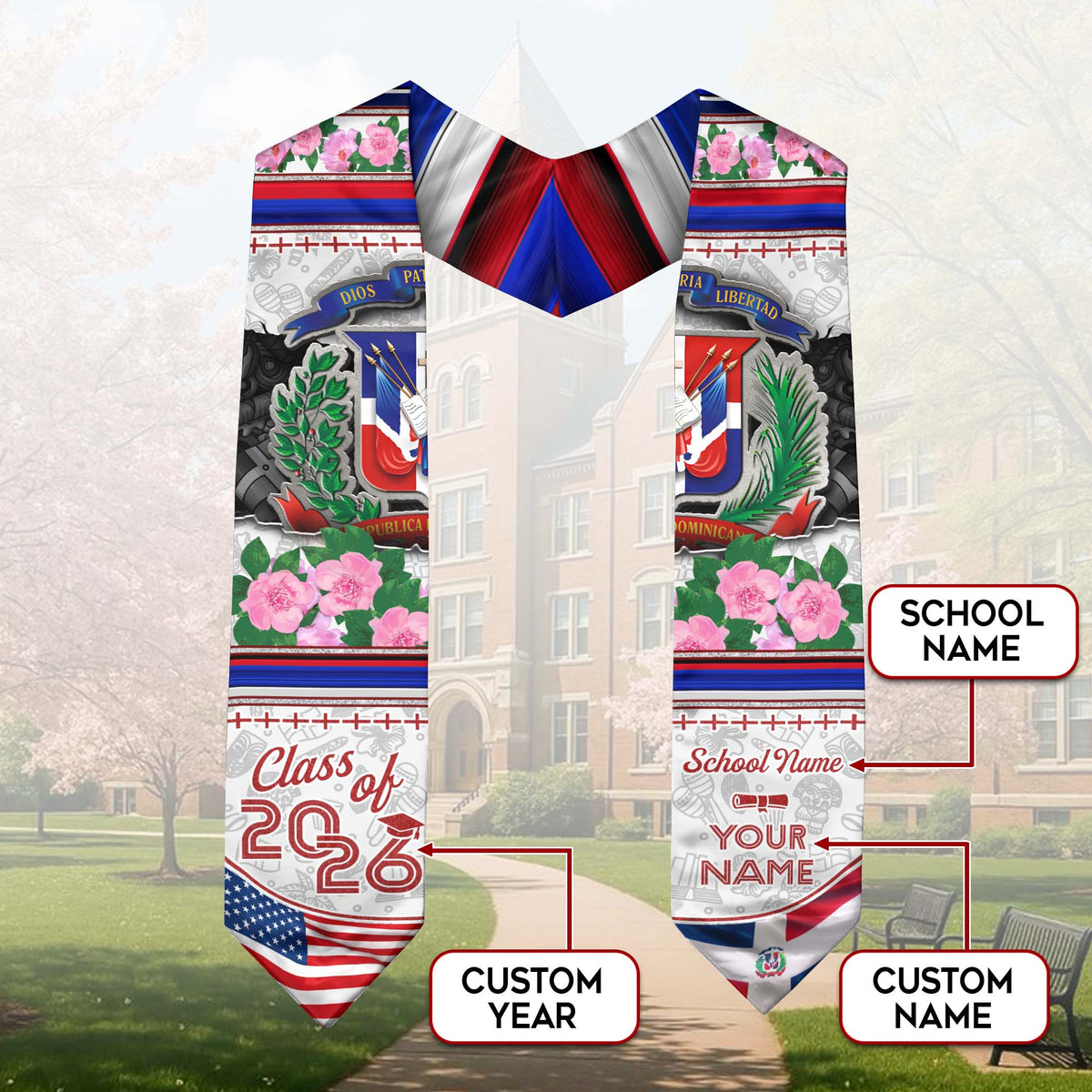Custom Dominican Floral Stole Graduation Grad Sash, Class of 2026 Graduate Senior Gift