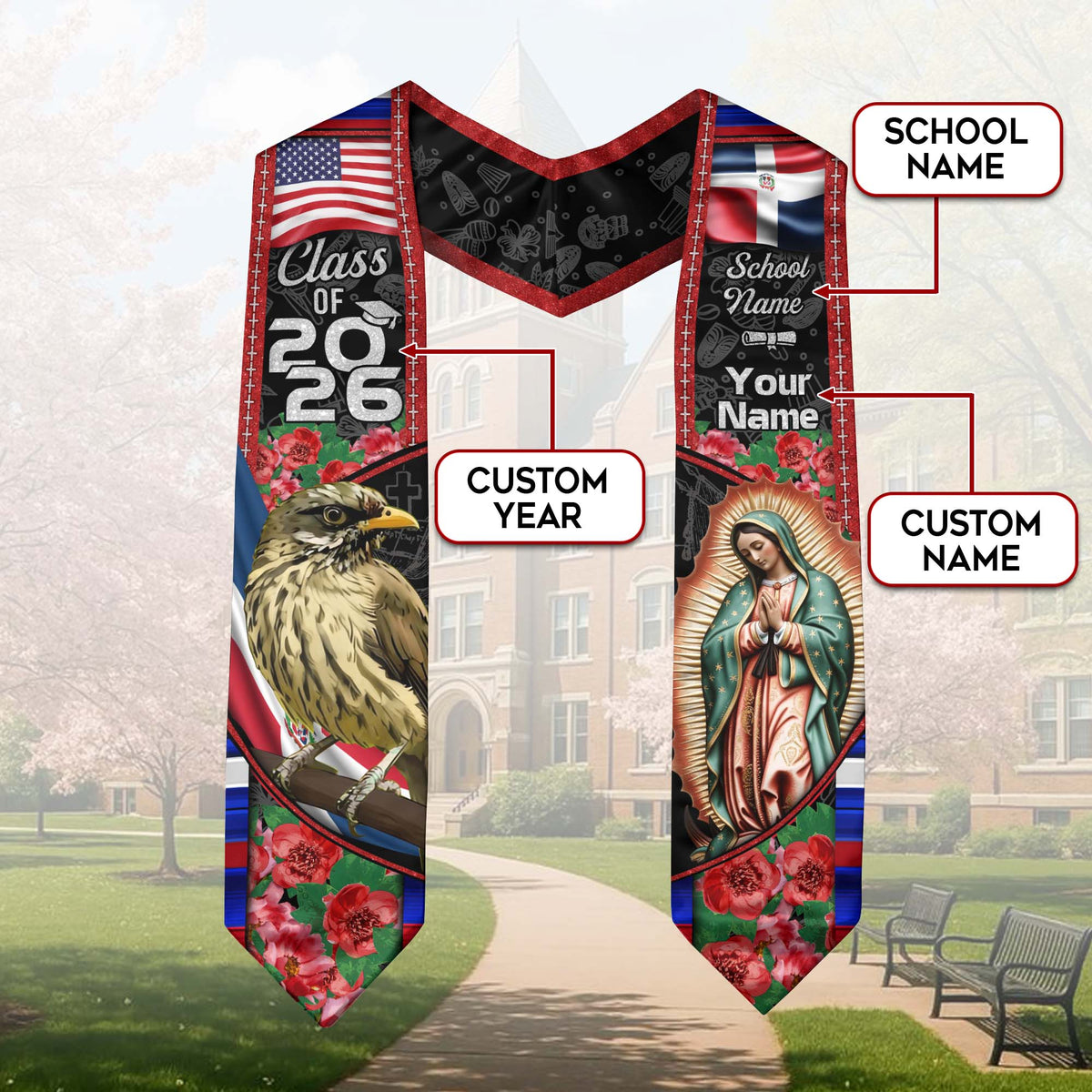Dominicana Graduation Floral Stole Custom Grad Sash, Class of 2026 Dominican Graduate Gift