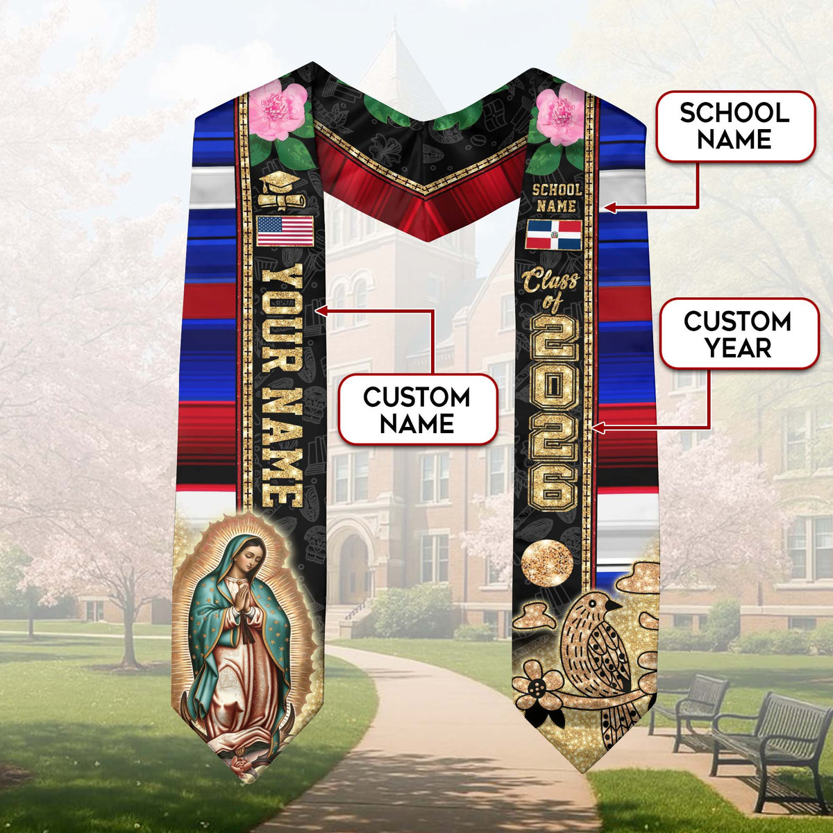 Custom Dominican Grad Sash Floral Stole Graduation, Class of 2026 Graduate Senior Gift