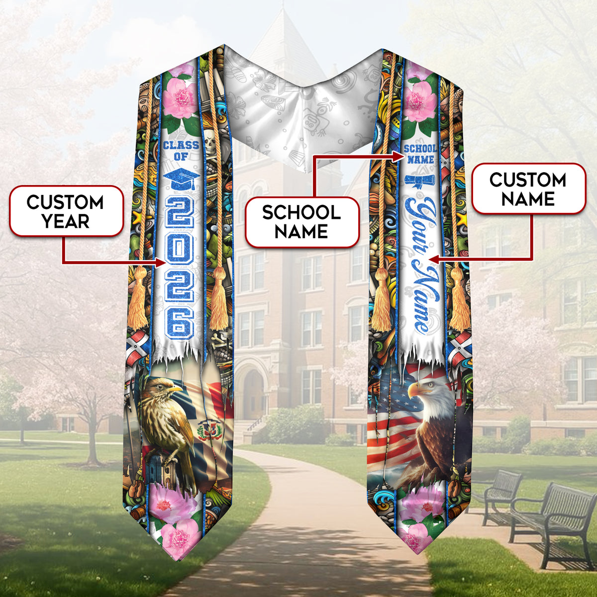 Personalized Dominicana Graduation Grad Sash Floral Stole, Class of 2026 Dominican Graduate