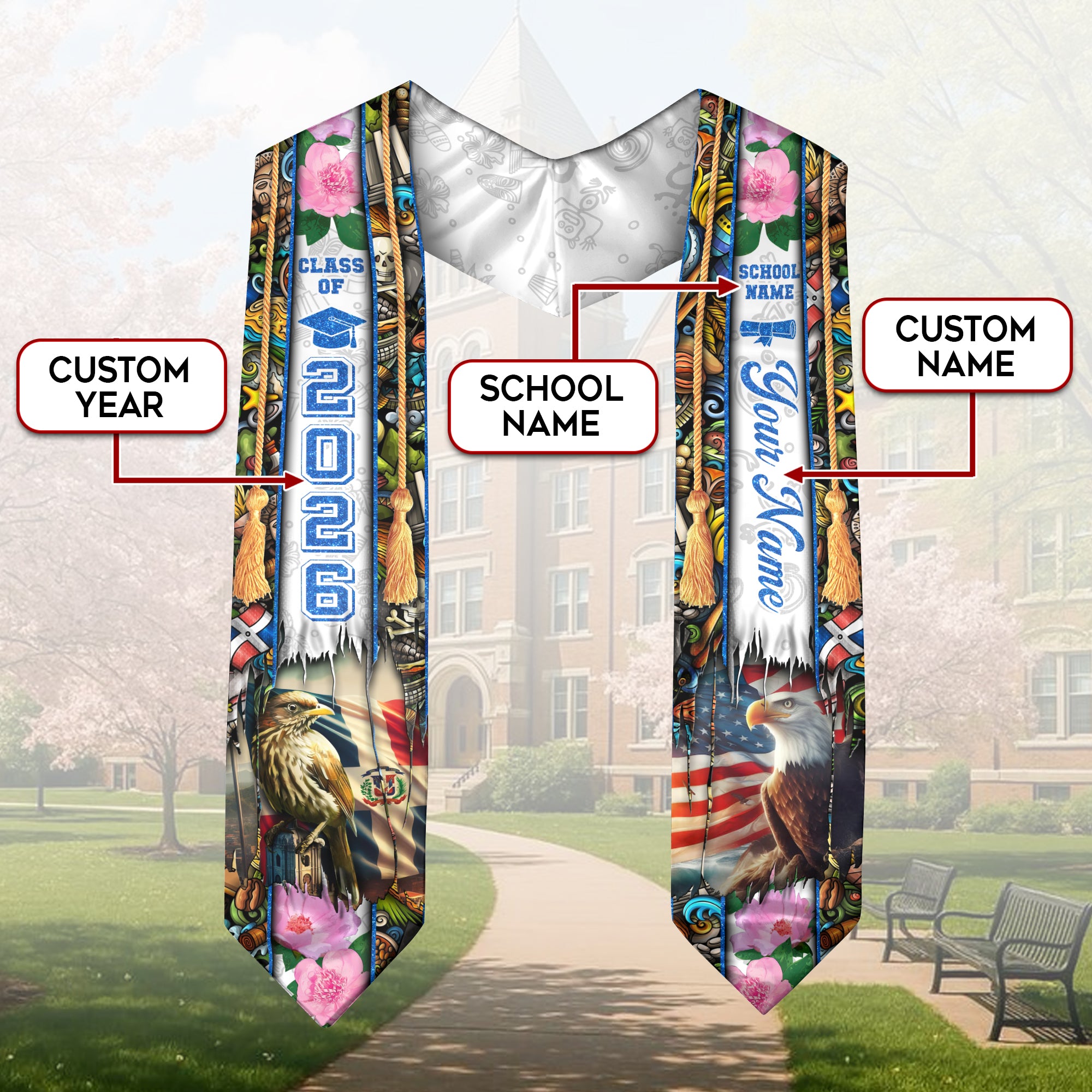 Personalized Dominicana Graduation Grad Sash Floral Stole, Class of 2026 Dominican Graduate