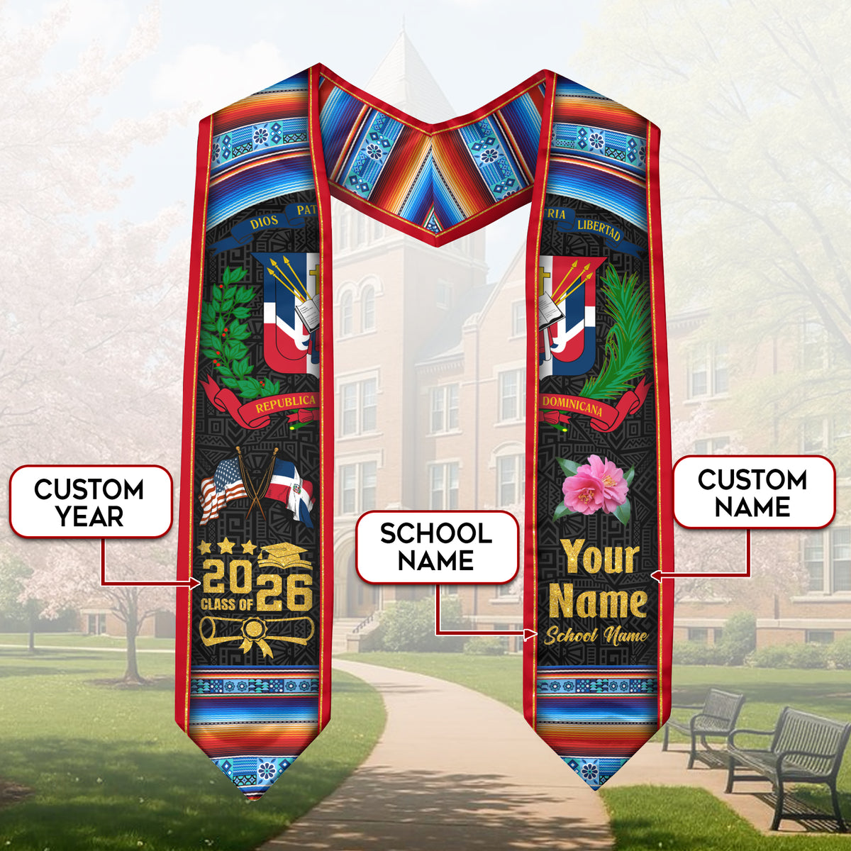 Personalized Dominicana Floral Stole Graduation Grad Sash, Class of 2026 Graduate Gift