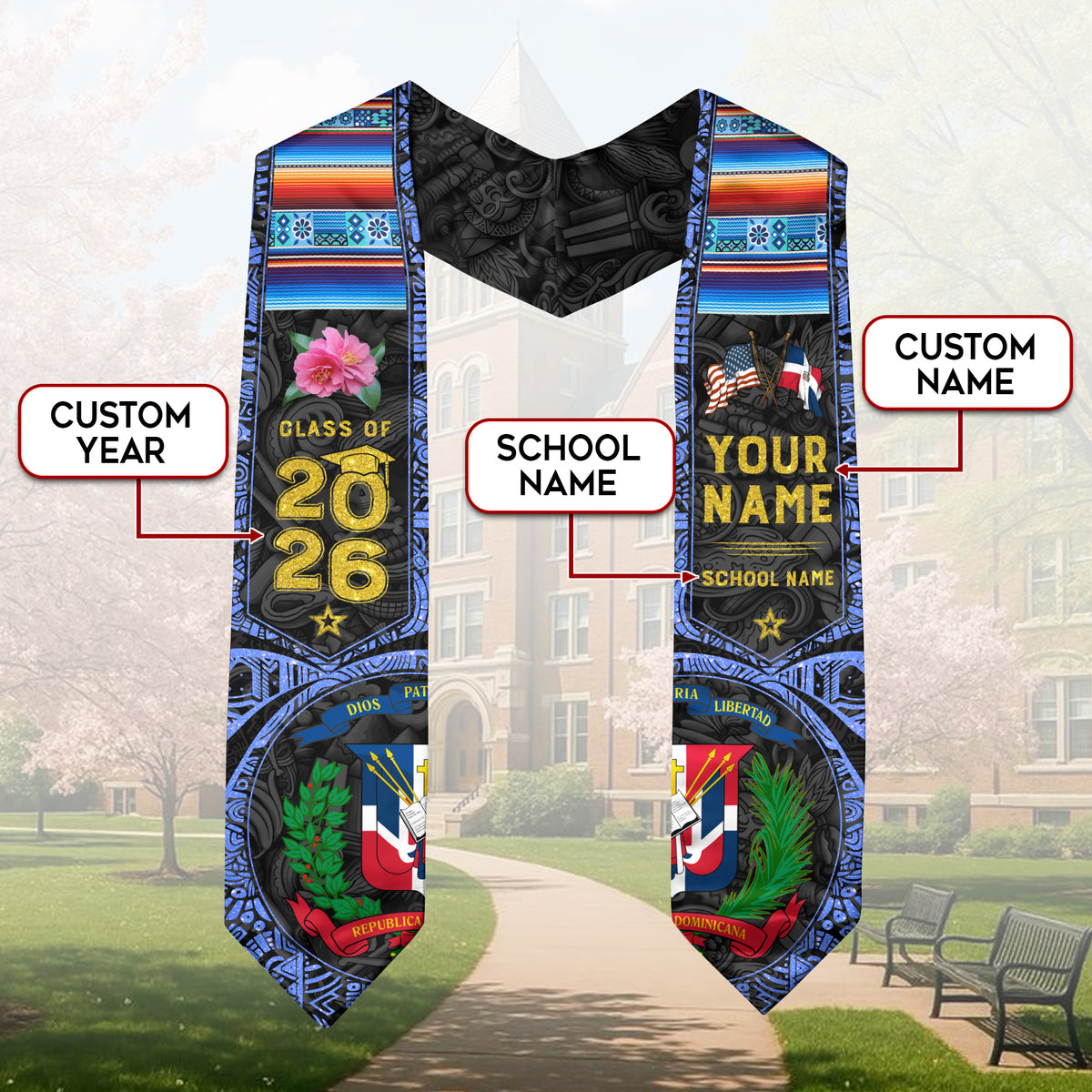 Dominican Republic Grad Sash, Graduation Floral Stole Custom, Class of 2026 Senior Gift