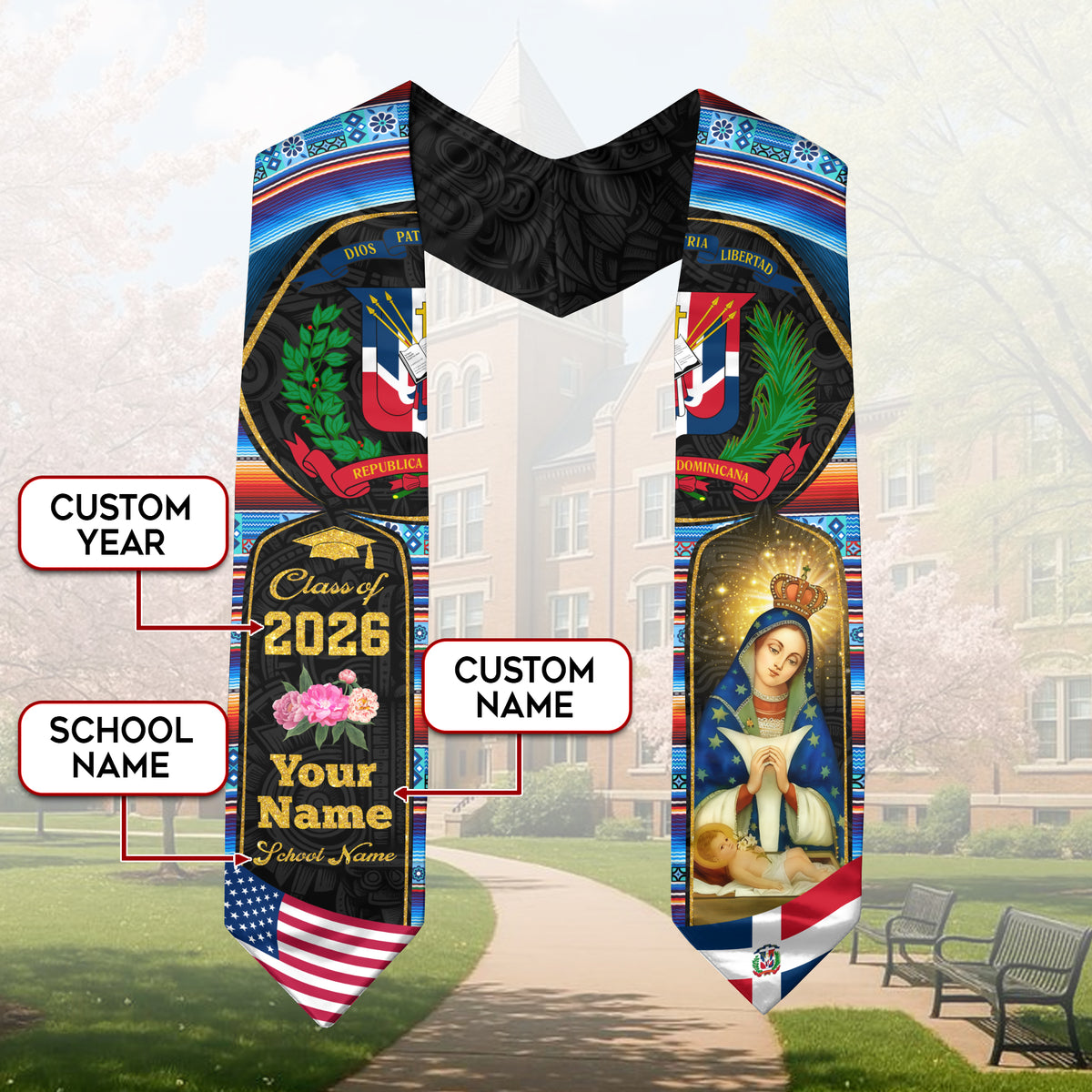 Personalized Dominican American Stole Grad, Dominican Republic Sash Graduation, Class of 2026 Graduate Gift