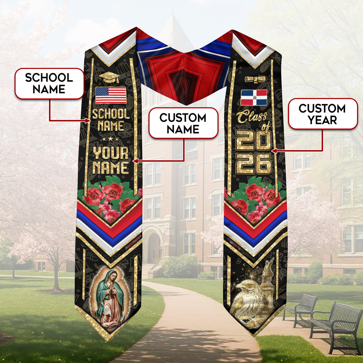 Custom Dominicana Grad Sash Floral Stole Graduation Gift, Class of 2026 Dominican Graduate